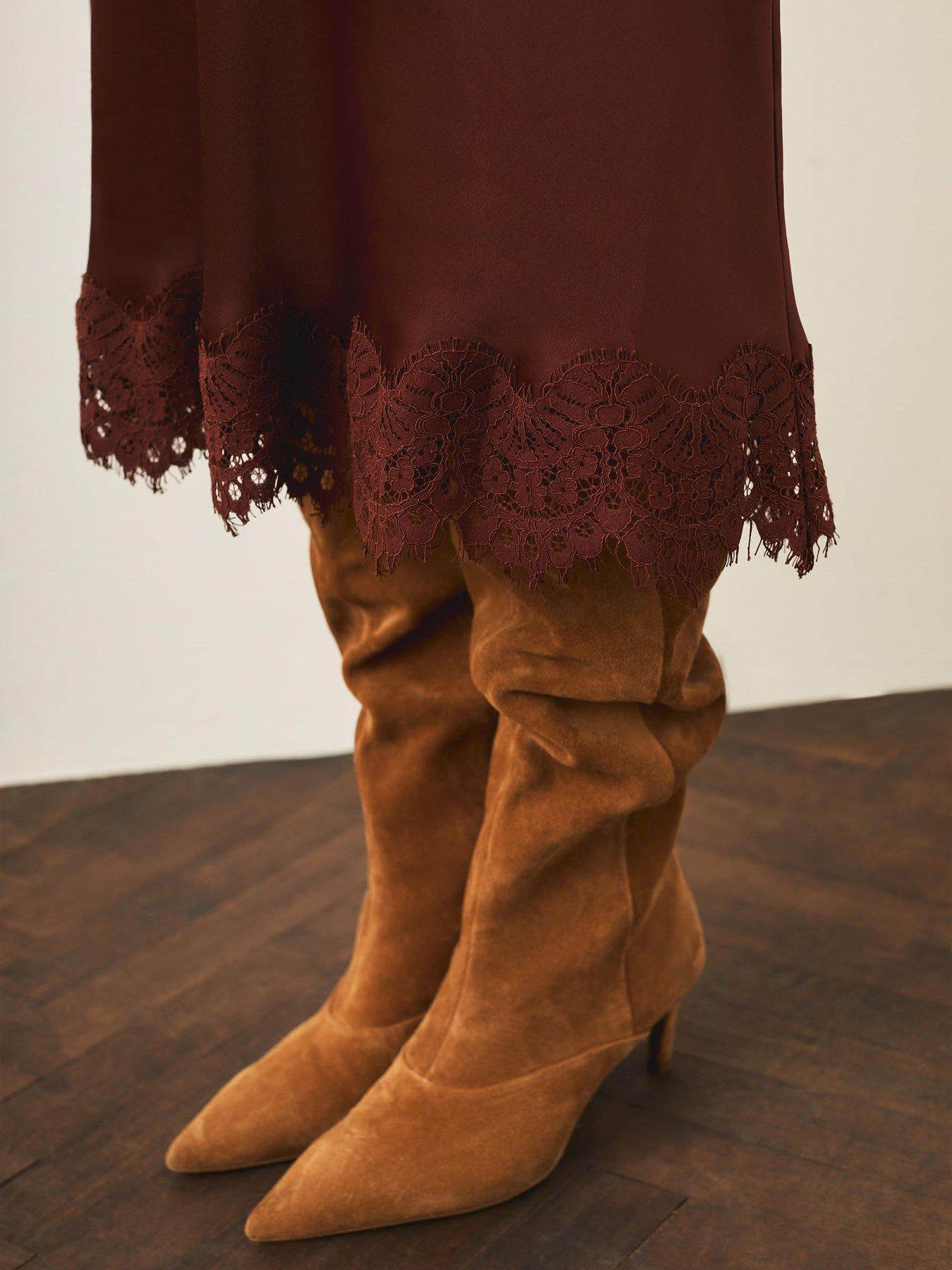 Image 3 of 6 of Mint Velvet Lace Hem Satin Skirt - Brown