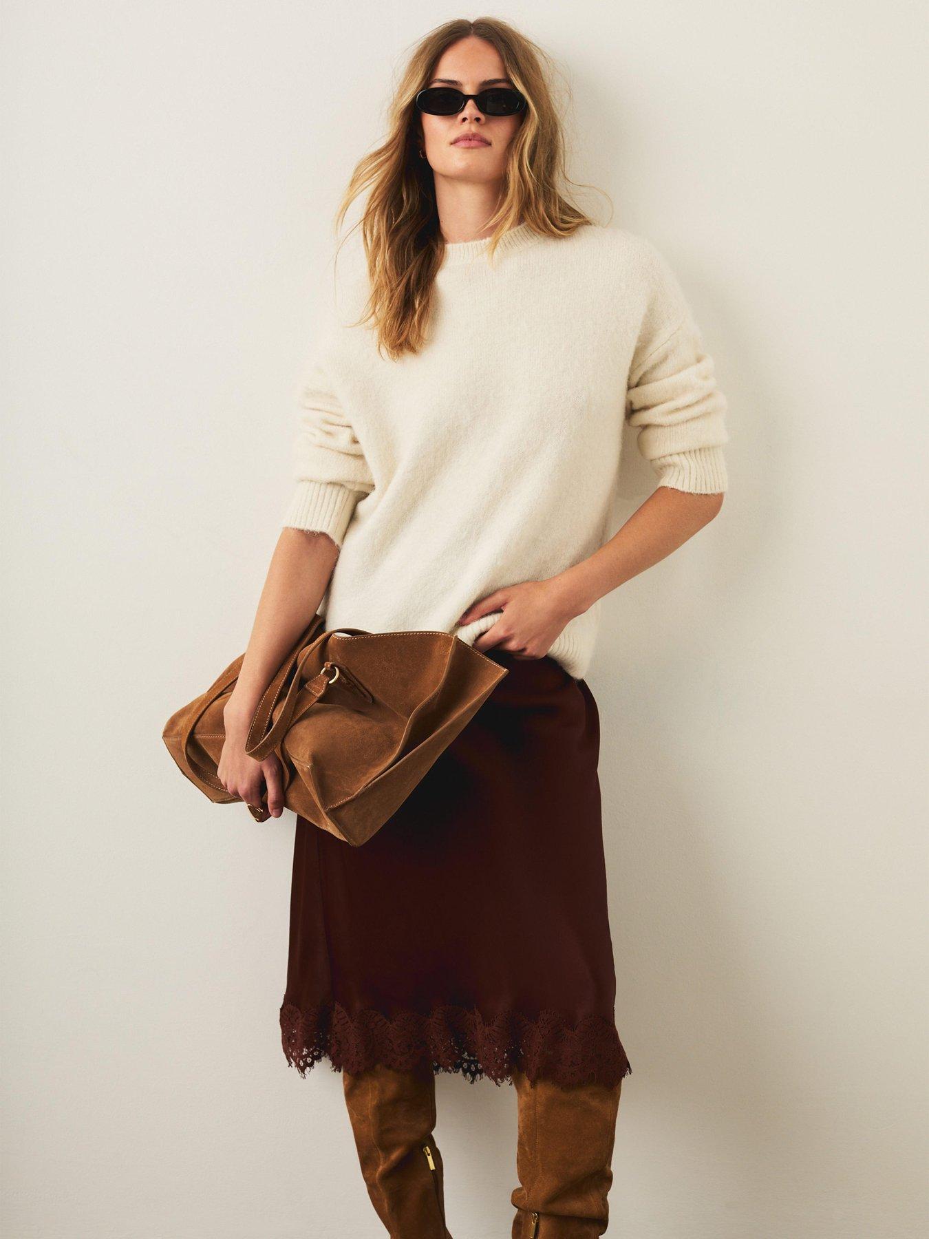 Image 4 of 6 of Mint Velvet Lace Hem Satin Skirt - Brown