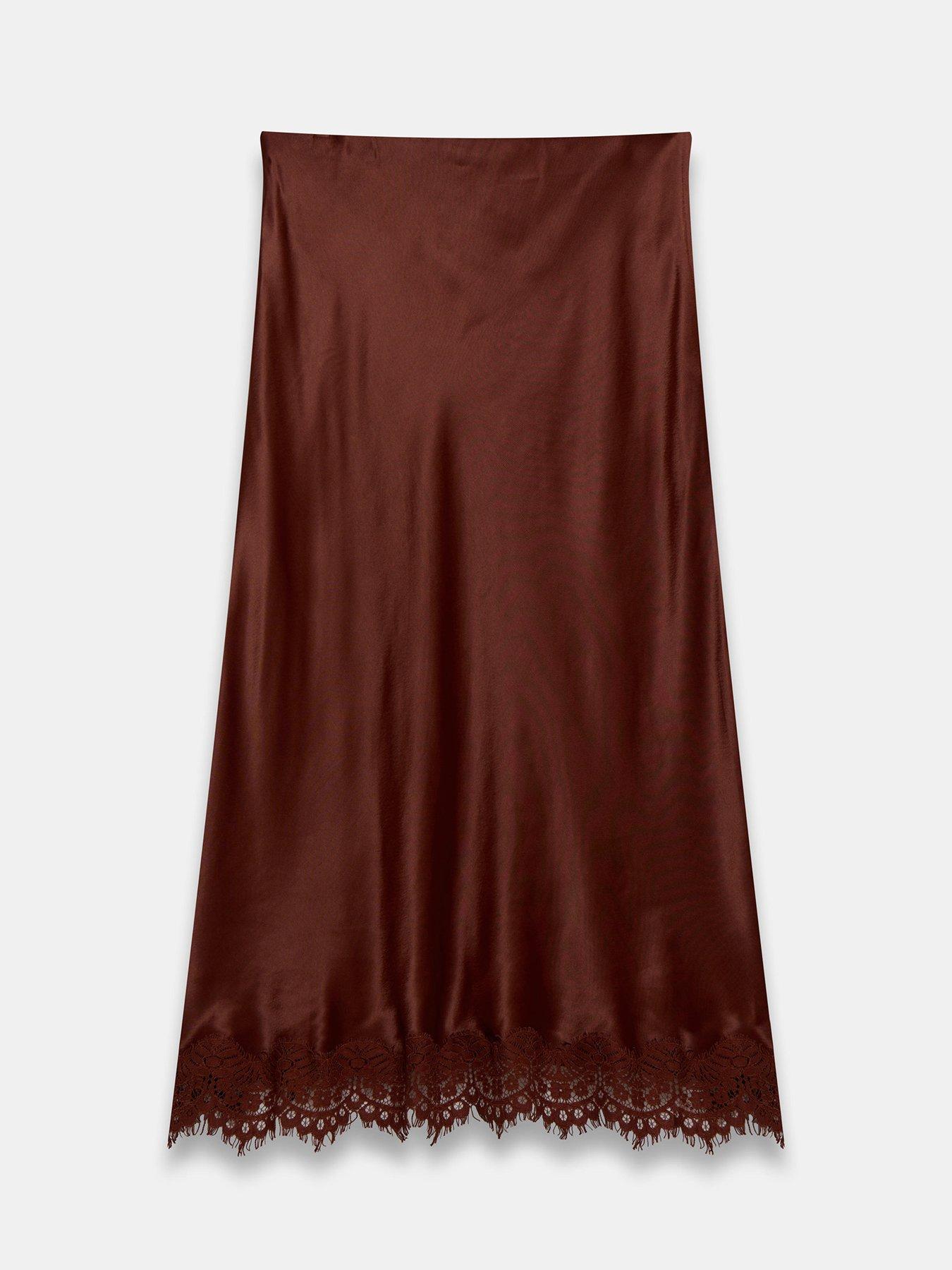 Image 5 of 6 of Mint Velvet Lace Hem Satin Skirt - Brown