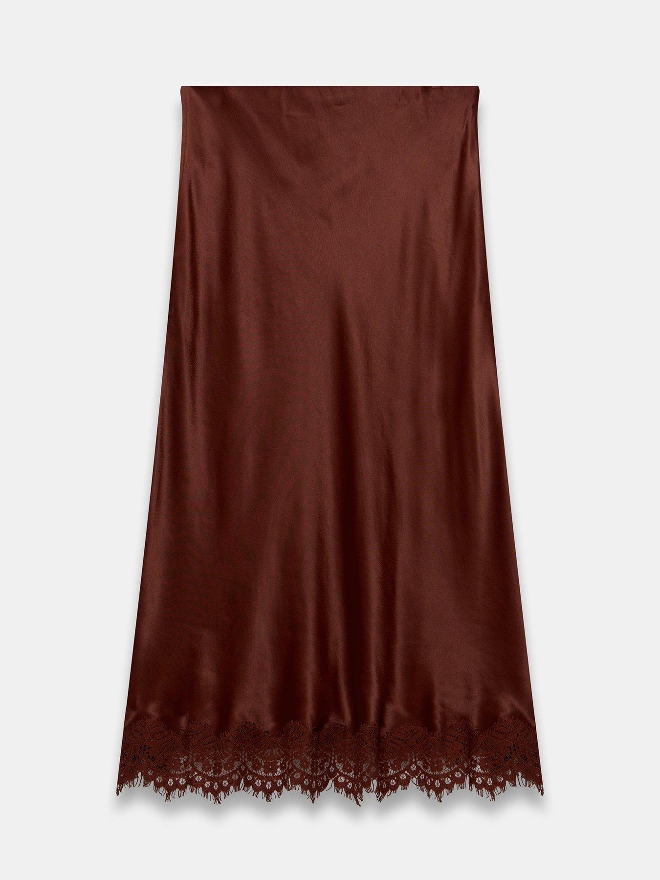 Image 6 of 6 of Mint Velvet Lace Hem Satin Skirt - Brown
