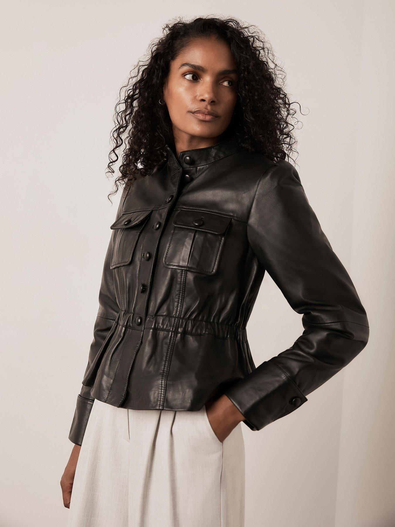 Mint Velvet Leather Peplum Jacket - Black