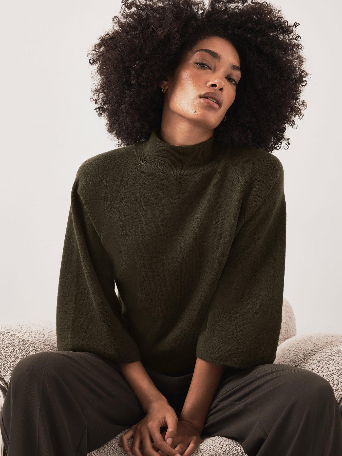 Image 1 of 6 of Mint Velvet Khaki Batwing Sleeve Knit Top - Green