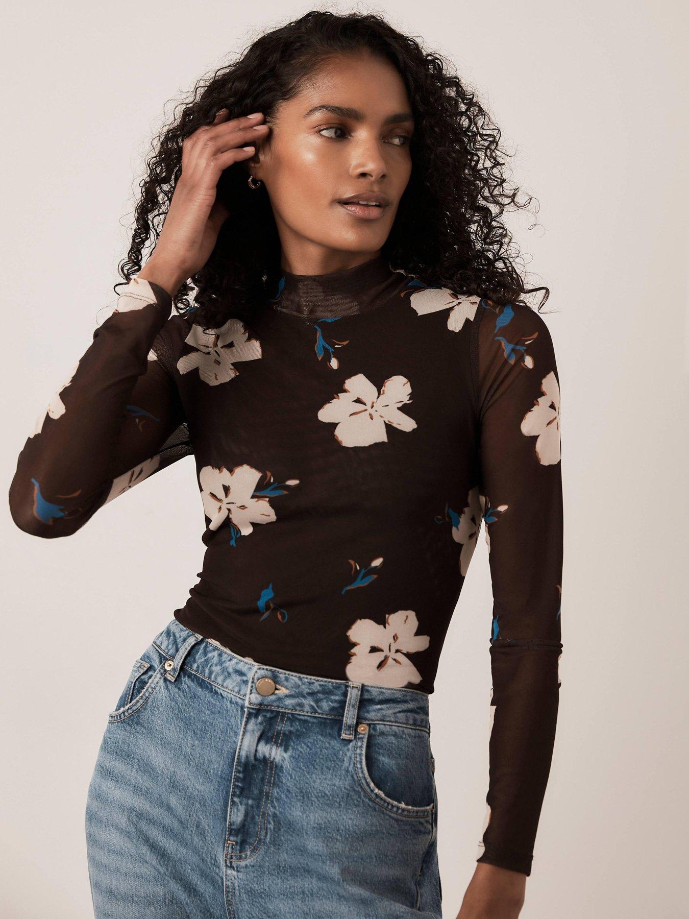 Image 1 of 6 of Mint Velvet Floral Mesh High Neck Top - Brown