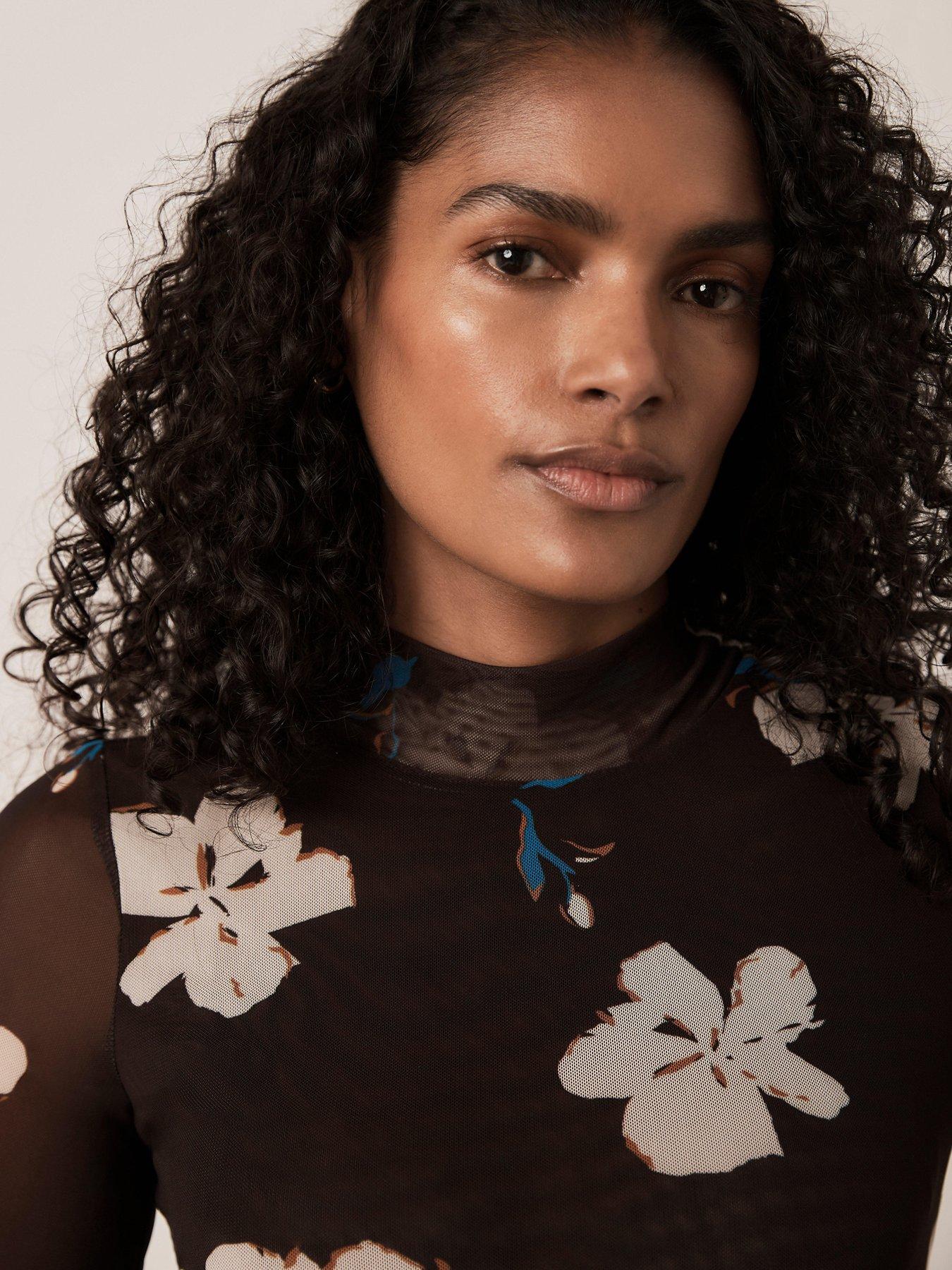 Image 2 of 6 of Mint Velvet Floral Mesh High Neck Top - Brown
