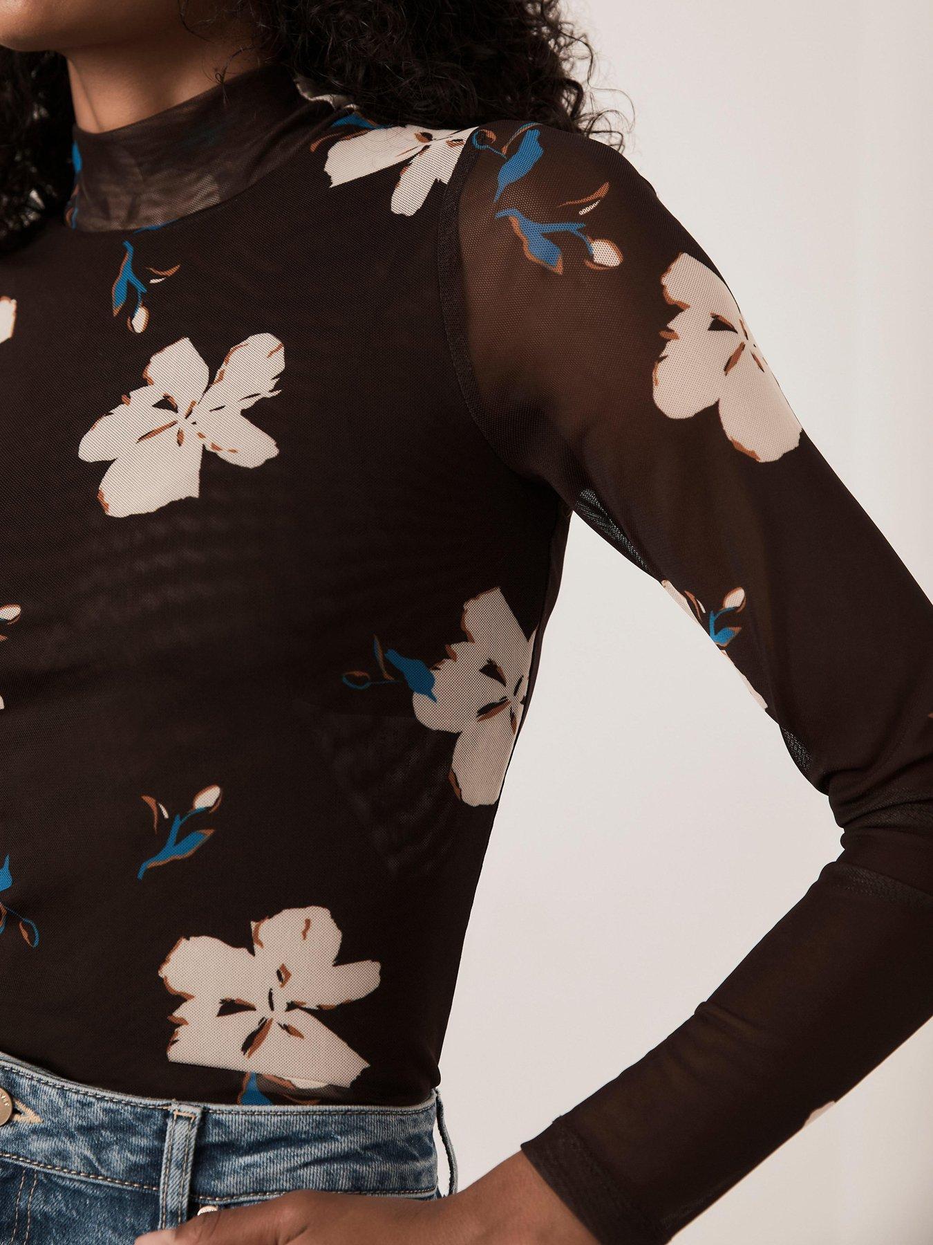 Image 4 of 6 of Mint Velvet Floral Mesh High Neck Top - Brown