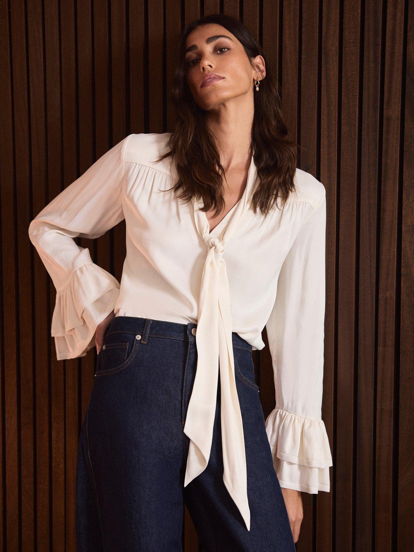 Image 1 of 6 of Mint Velvet Satin Pussybow Blouse - Cream
