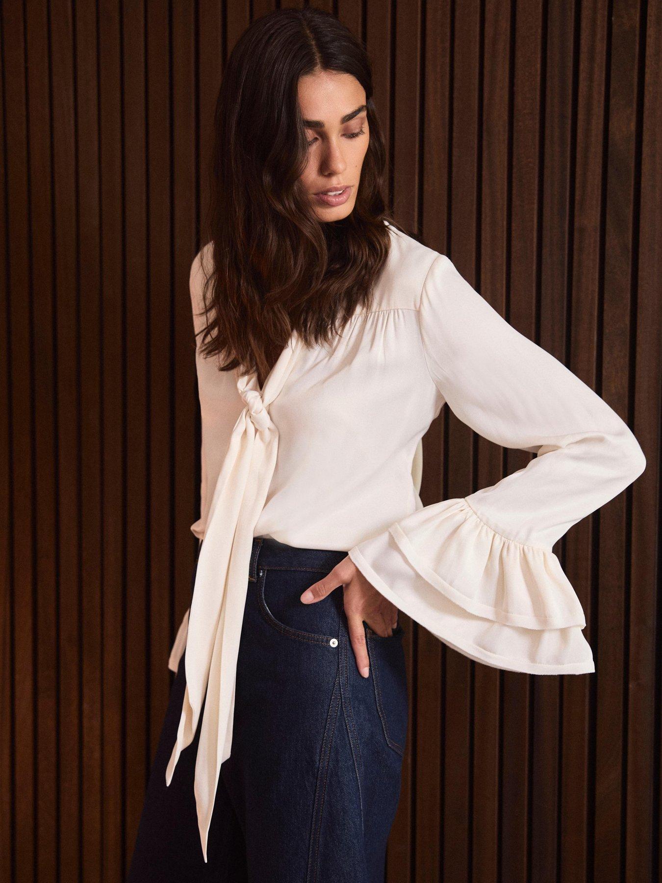 Image 2 of 6 of Mint Velvet Satin Pussybow Blouse - Cream