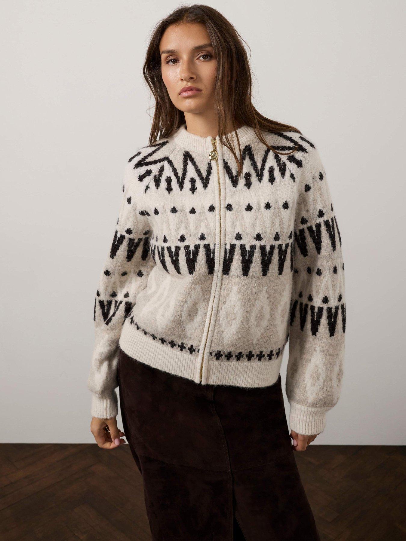 Image 1 of 6 of Mint Velvet Neutral Fair Isle Wool Blend Sequin Zip Bomber Jacket - Cream