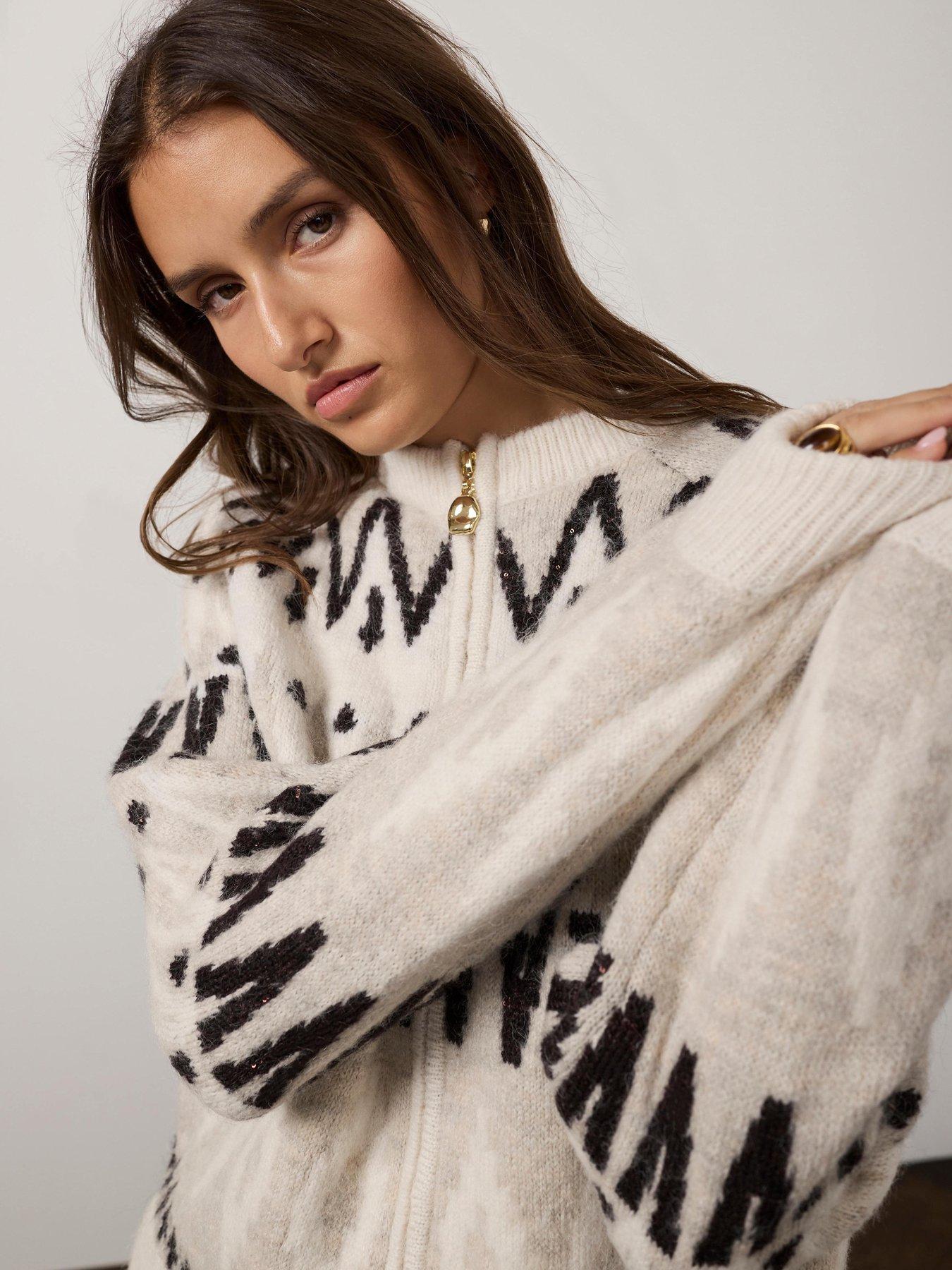 Image 2 of 6 of Mint Velvet Neutral Fair Isle Wool Blend Sequin Zip Bomber Jacket - Cream