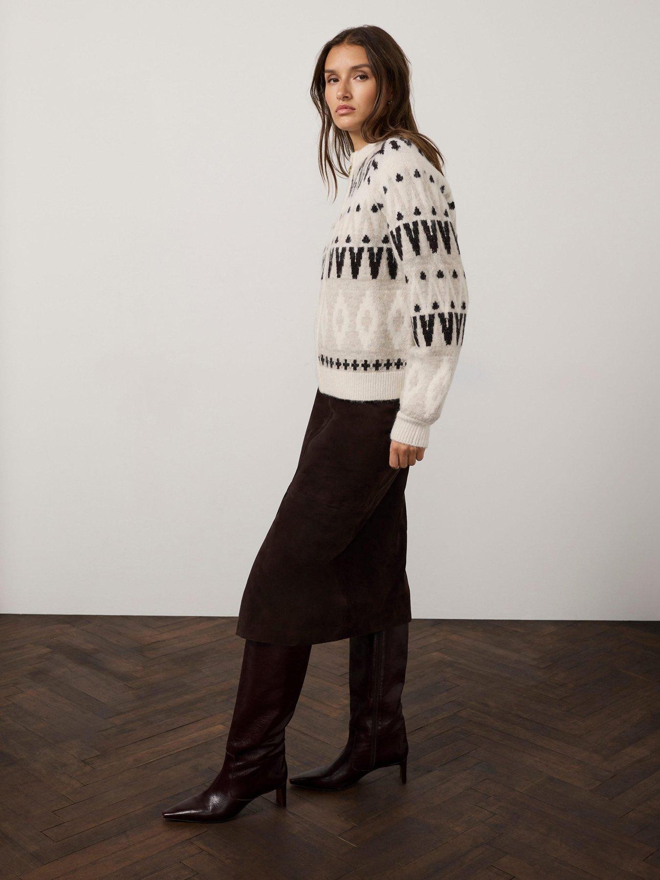 Image 4 of 6 of Mint Velvet Neutral Fair Isle Wool Blend Sequin Zip Bomber Jacket - Cream