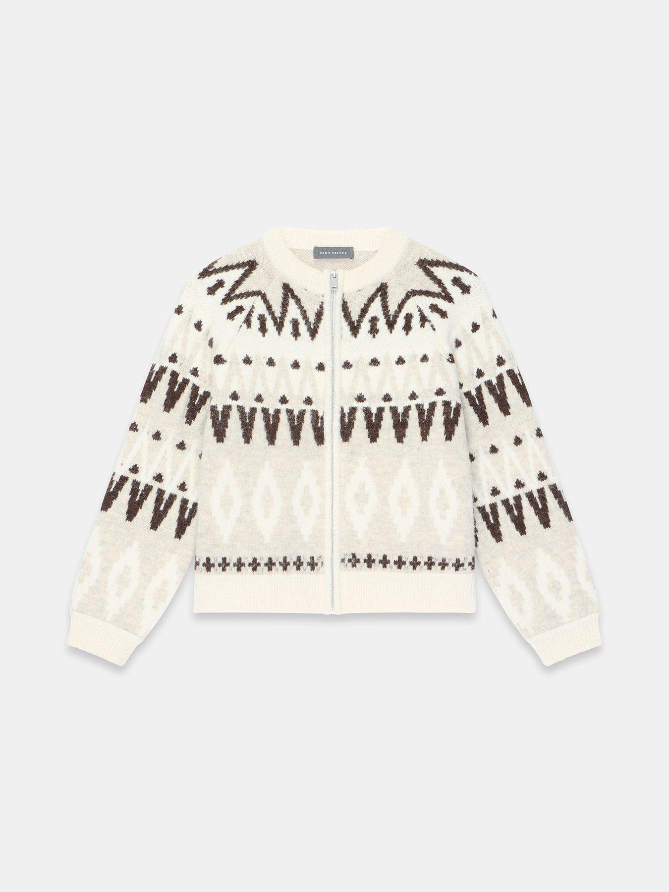 Image 5 of 6 of Mint Velvet Neutral Fair Isle Wool Blend Sequin Zip Bomber Jacket - Cream