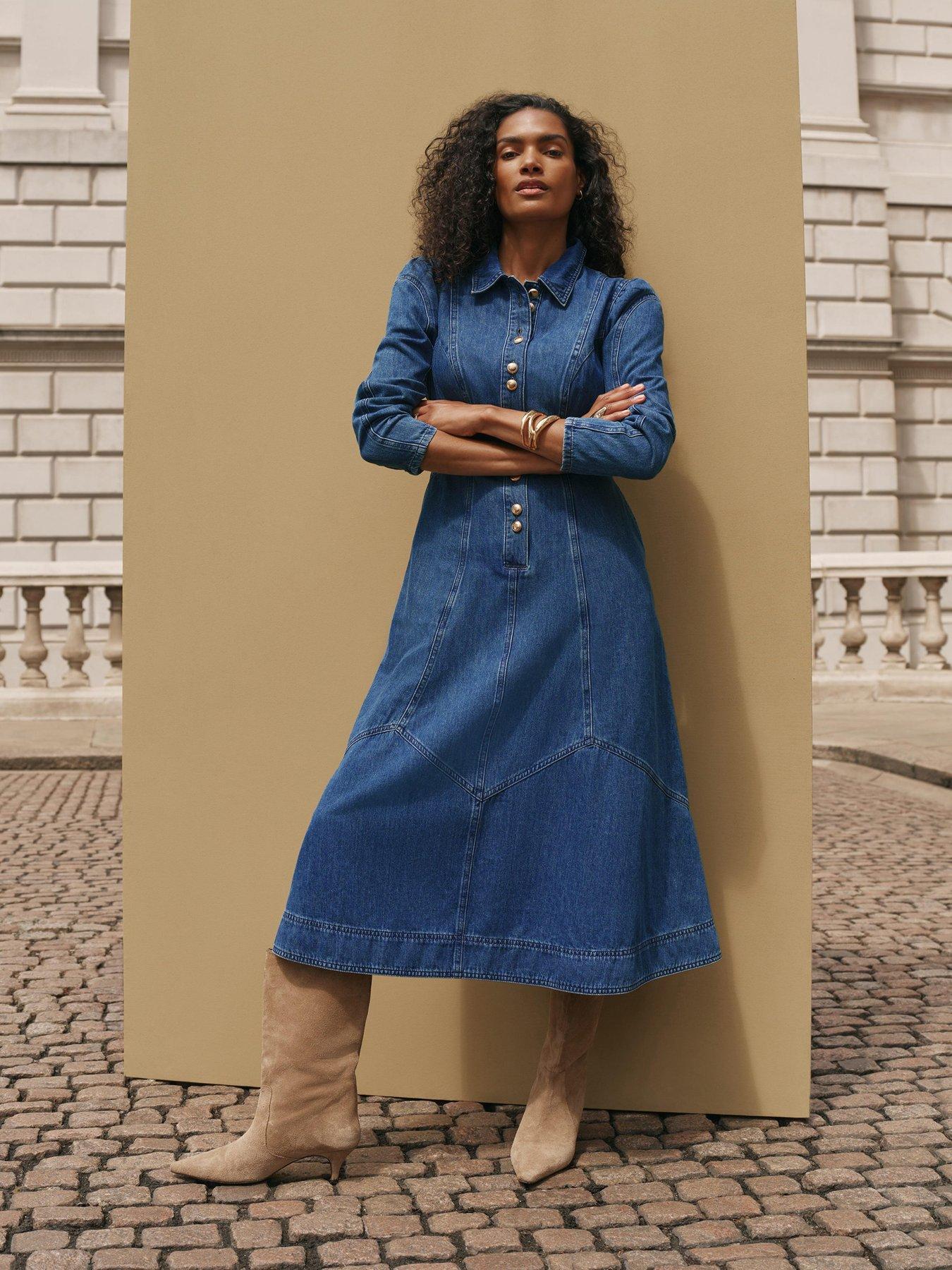 Mint Velvet Button Front Denim Shirt Dress - Blue