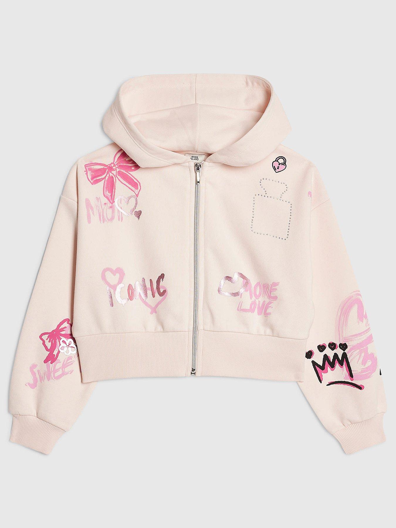 River Island Girls Graffiti Zip Up Hoodie - Pink