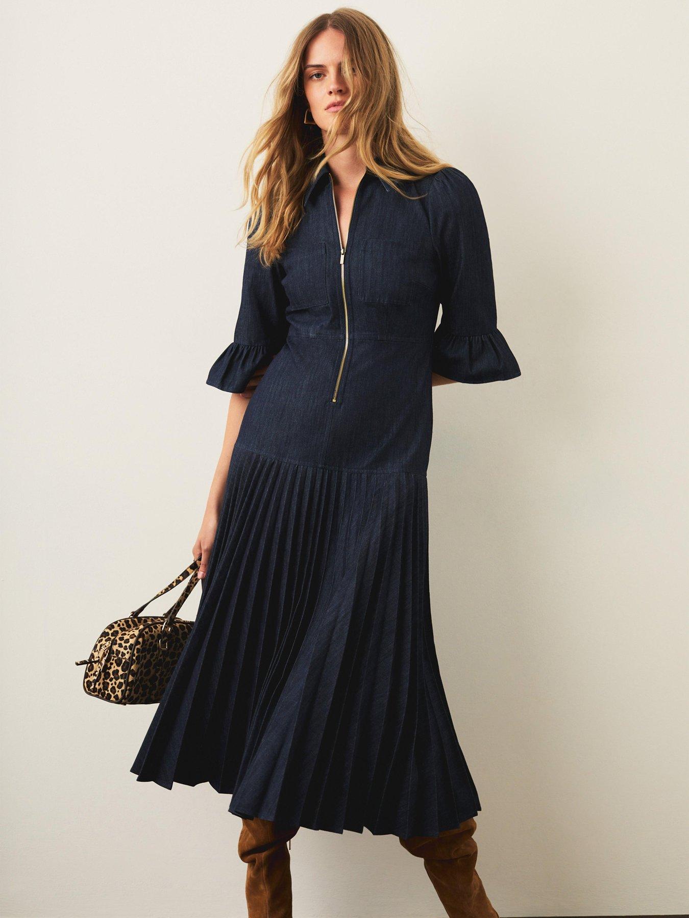 Mint Velvet Dark Indigo Pleat Denim Dress