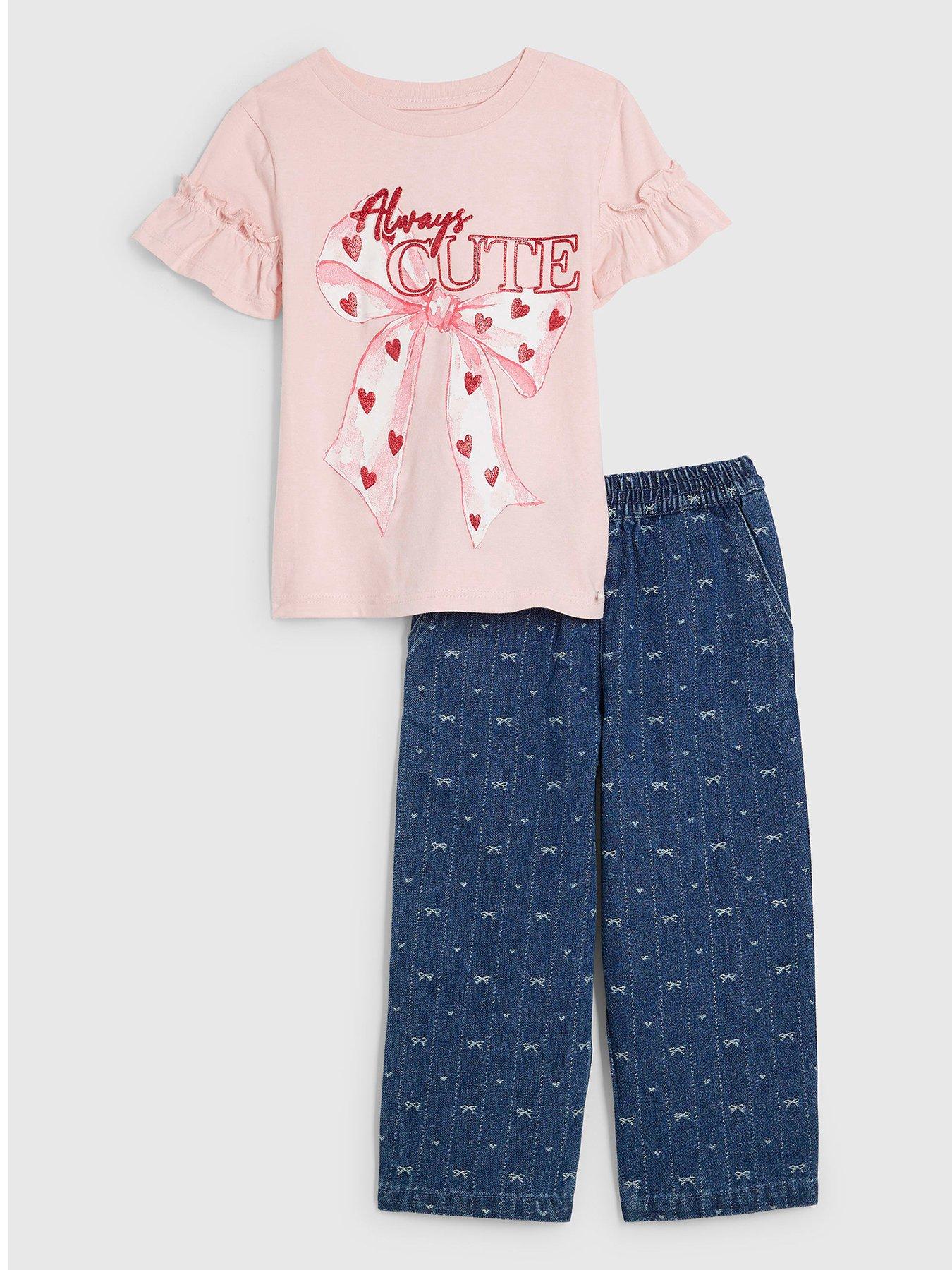 River Island Mini Girls Glitter Slogan Bow T-Shirt & Jeans Set - Pink