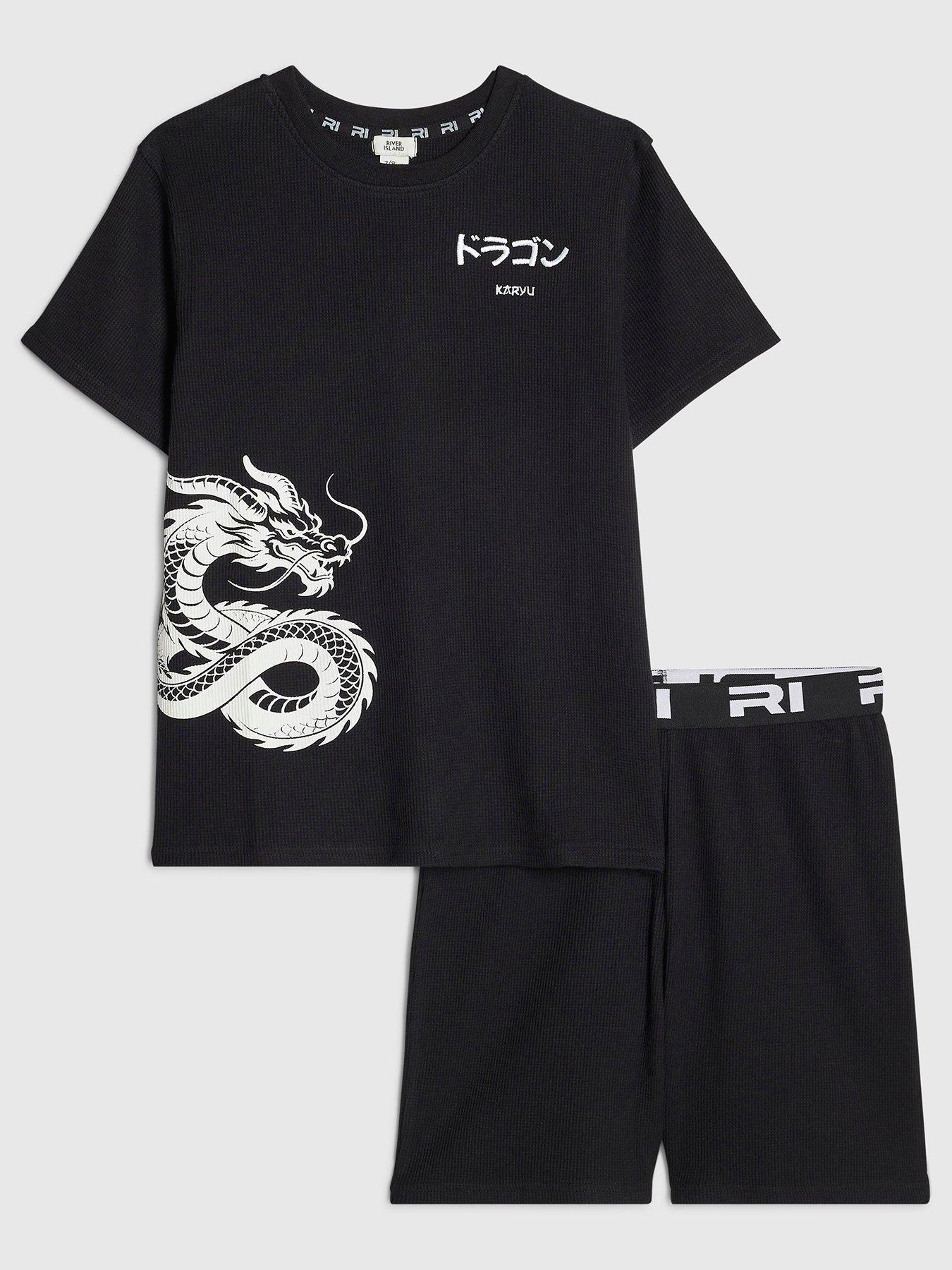 River Island Boys Japanese Texture Pyjama Shorts Set - Black