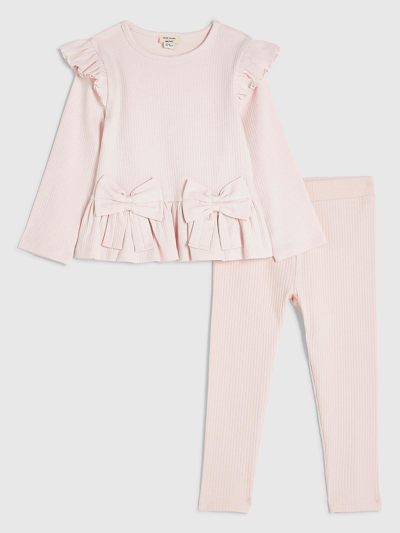 River Island Mini Mini Girls Bow Rib Legging Set - Pink