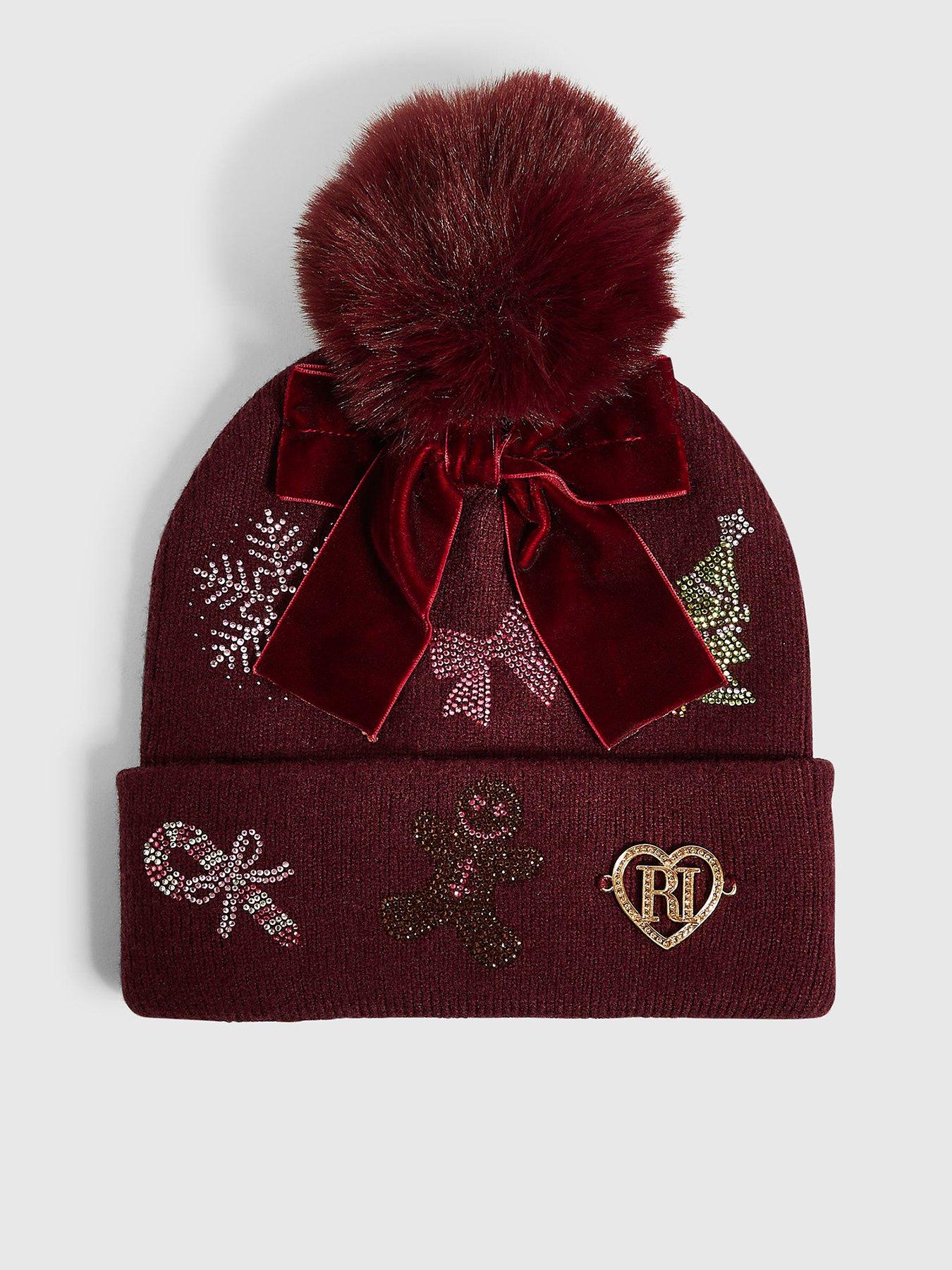 River Island Girls Knit Diamante Christmas Beanie - Red