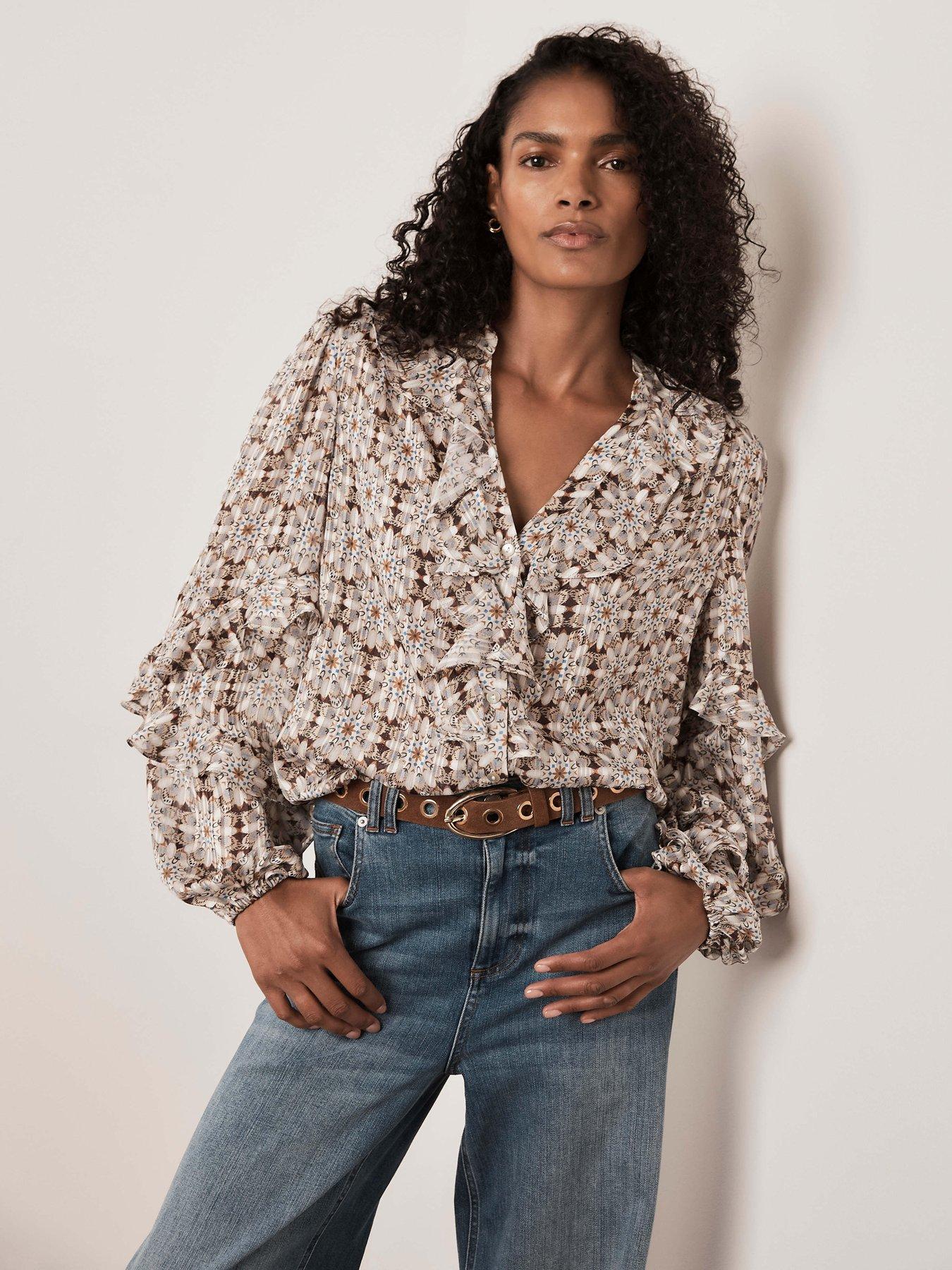 Image 1 of 6 of Mint Velvet Geo Print Ruffle Detail Blouse - Cream