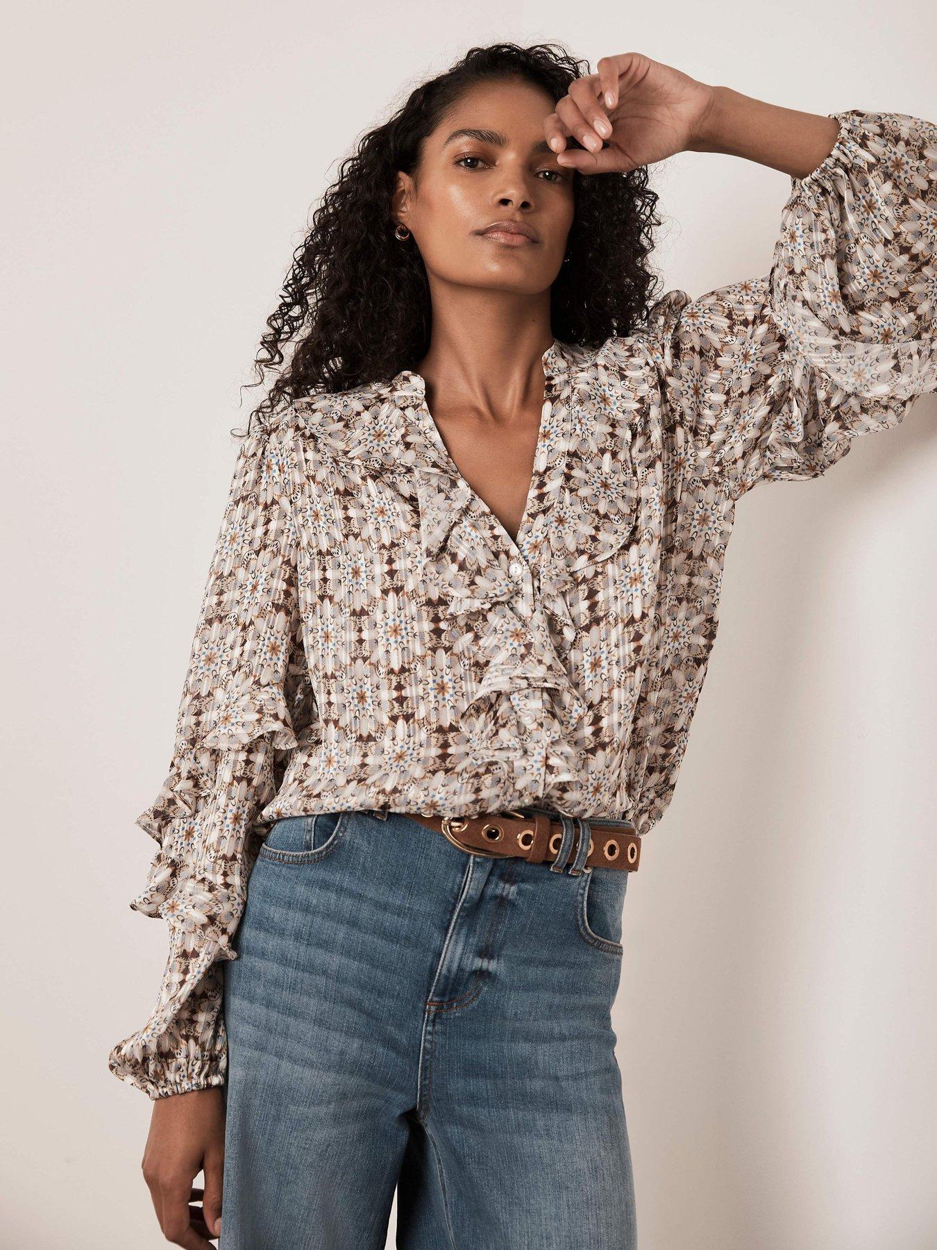 Image 2 of 6 of Mint Velvet Geo Print Ruffle Detail Blouse - Cream
