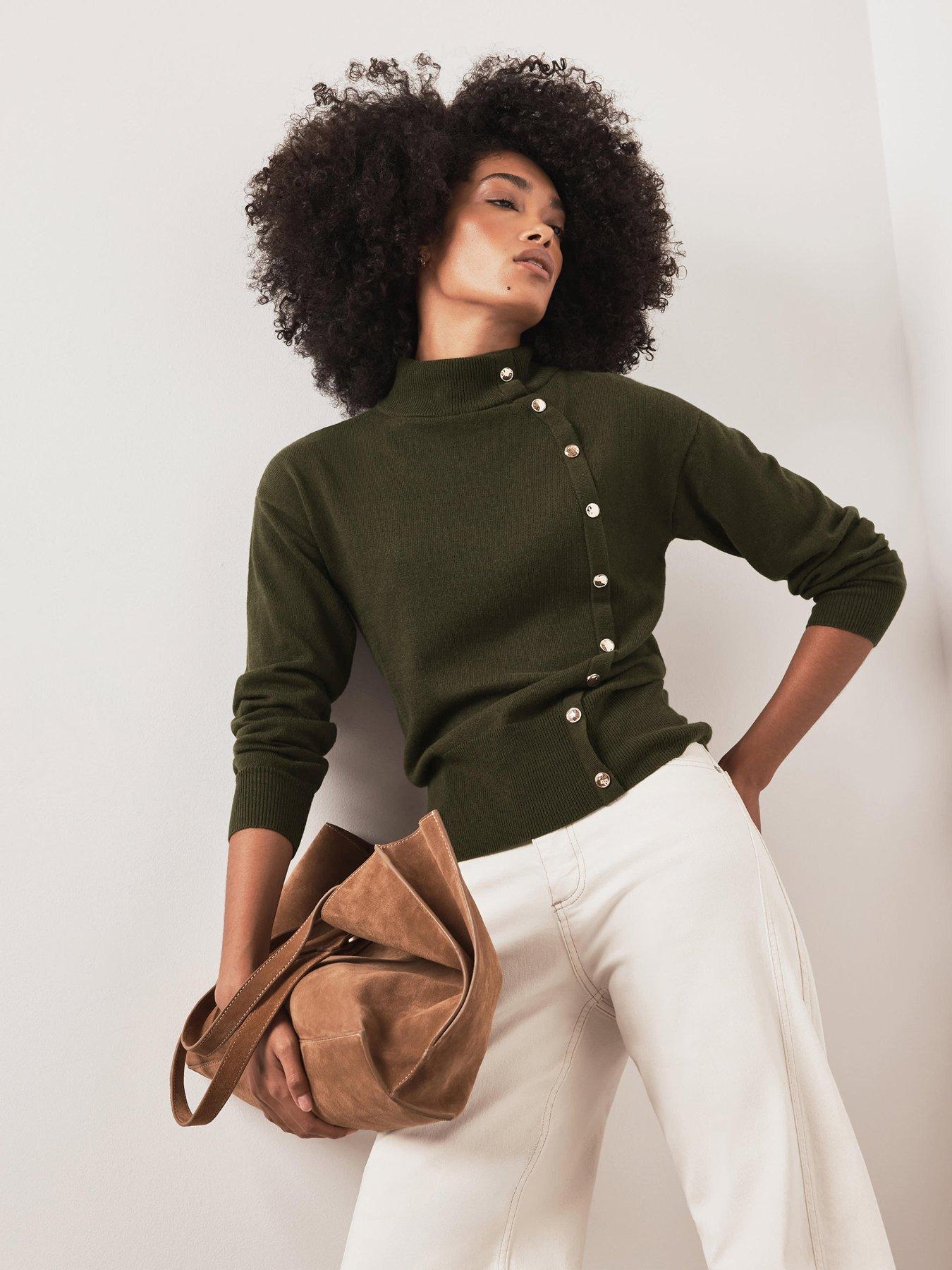 Mint Velvet Khaki Button Detail Knit Top