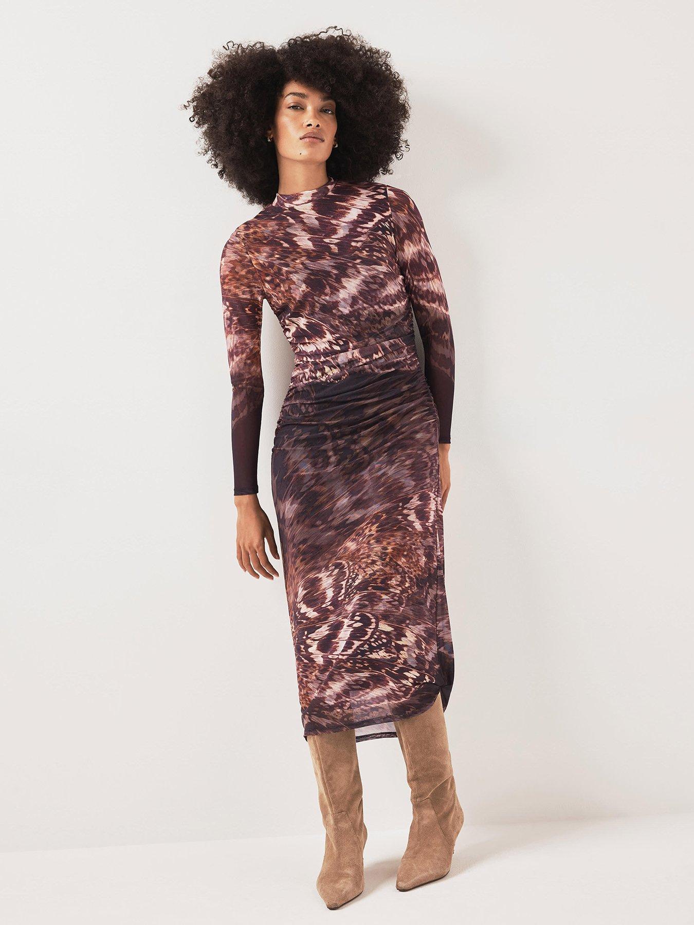 Mint Velvet Abstract Print Mesh Midi Dress - Brown