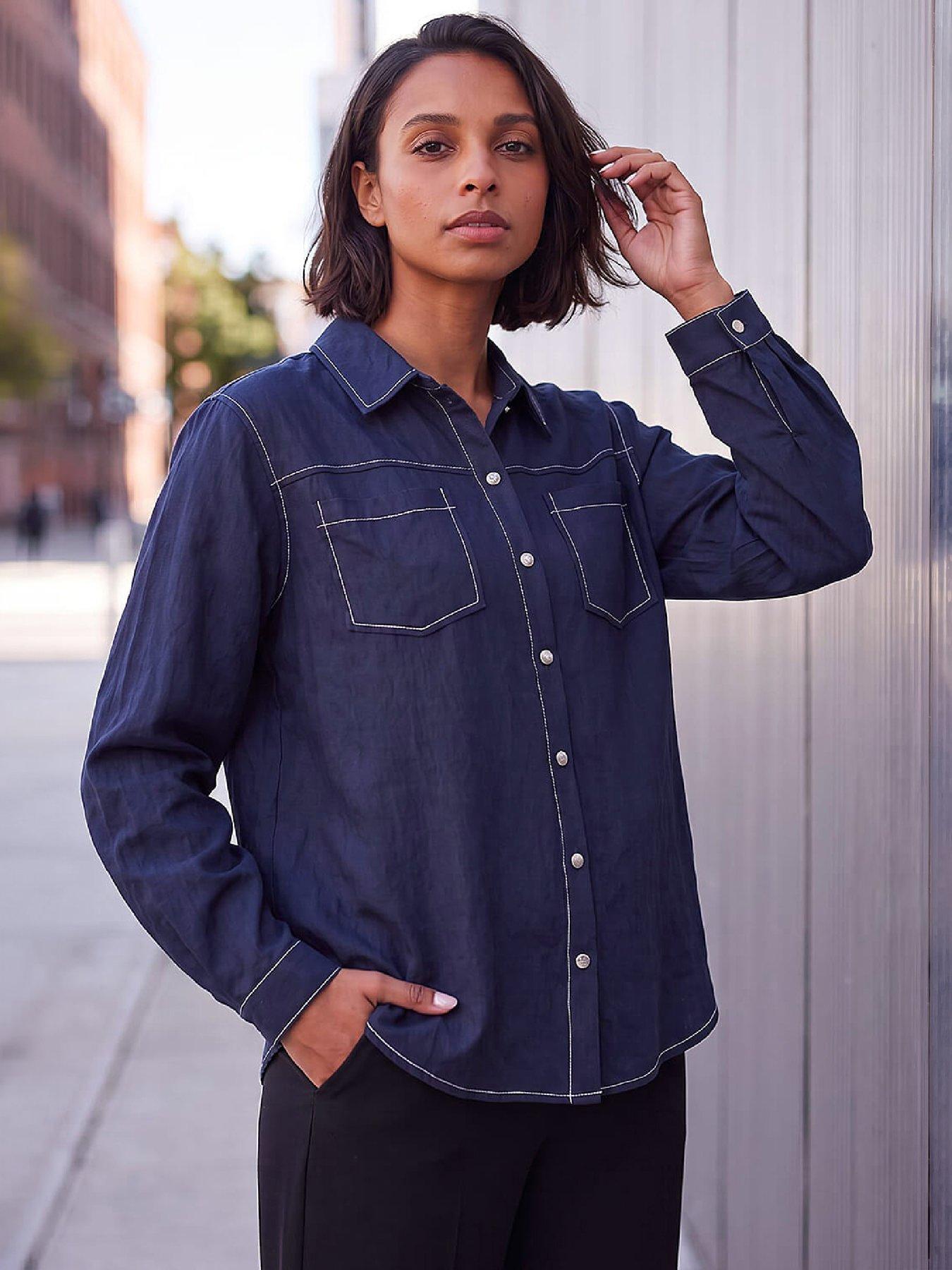 Image 1 of 4 of Roman Womens Oversized Stitch Detail Shirt - Blue