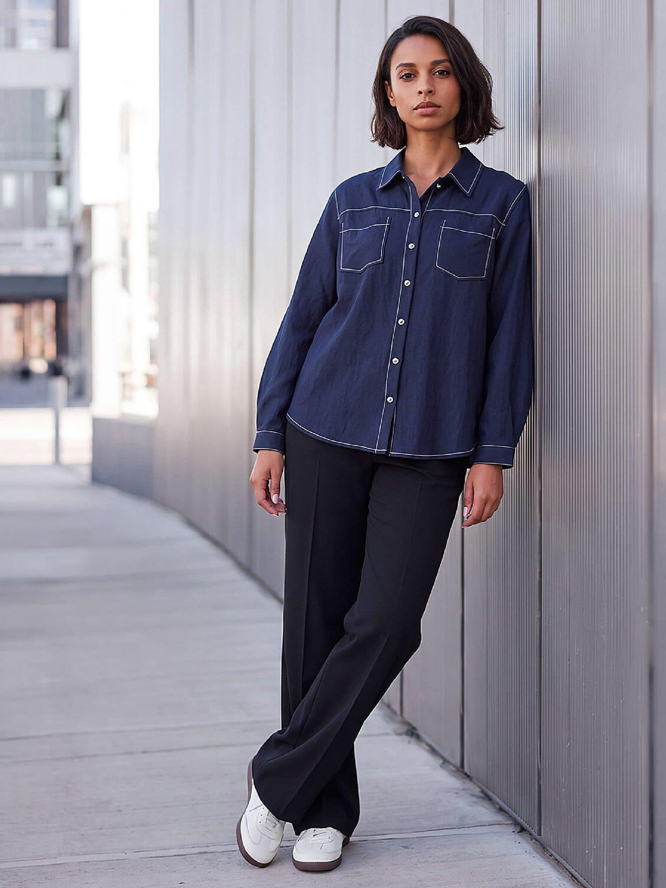 Image 4 of 4 of Roman Womens Oversized Stitch Detail Shirt - Blue