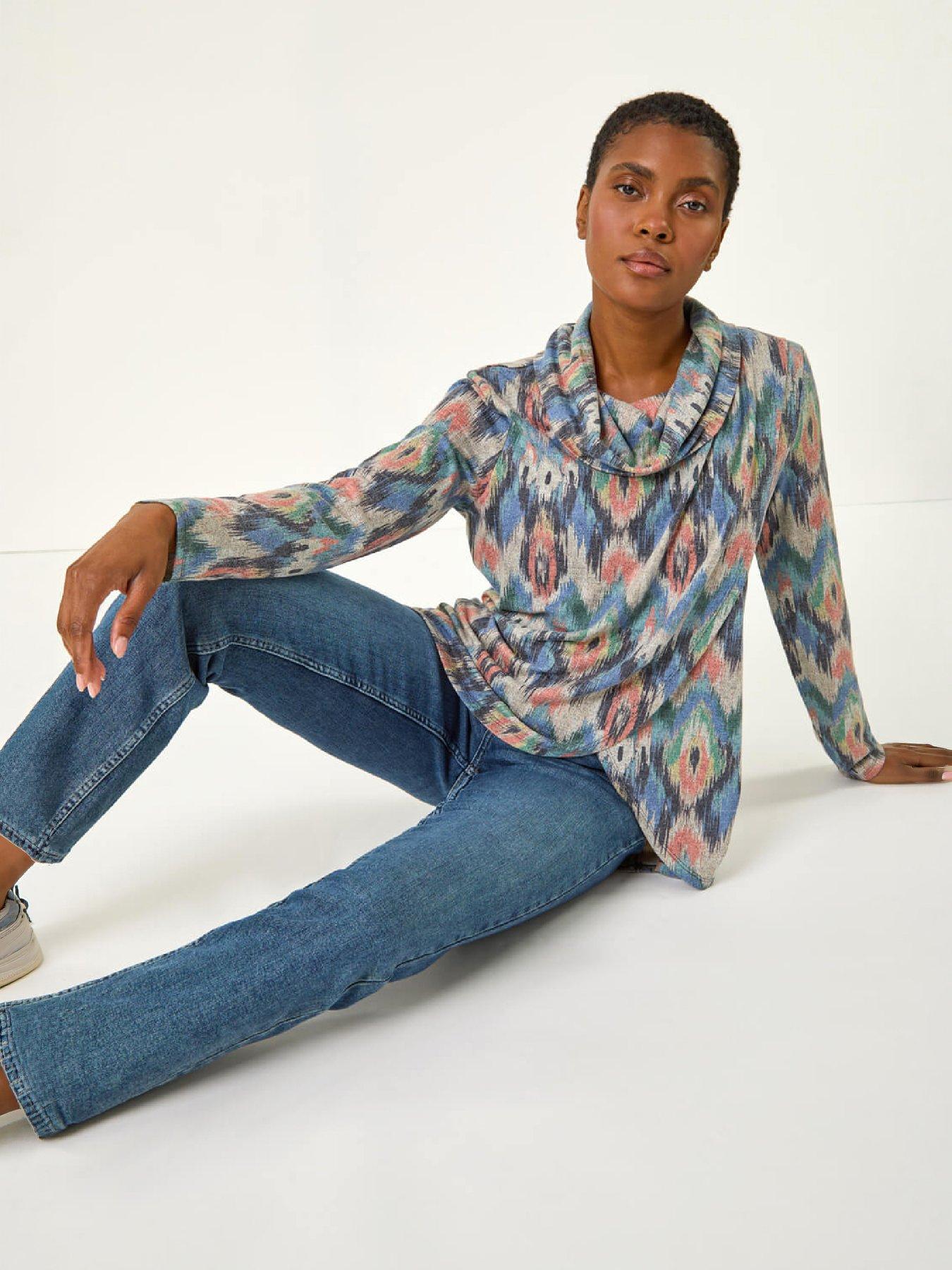 Image 1 of 4 of Roman Womens Cowl Neck Crossover Front Printed Top - Blue