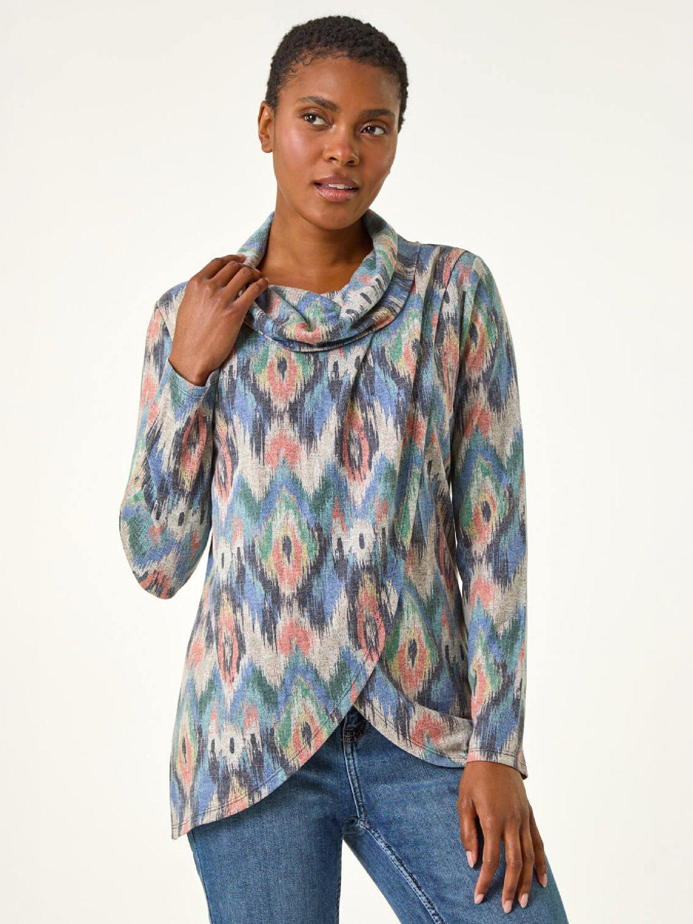 Image 2 of 4 of Roman Womens Cowl Neck Crossover Front Printed Top - Blue
