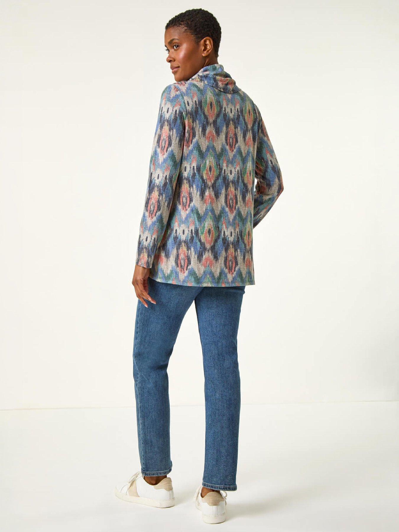 Image 3 of 4 of Roman Womens Cowl Neck Crossover Front Printed Top - Blue