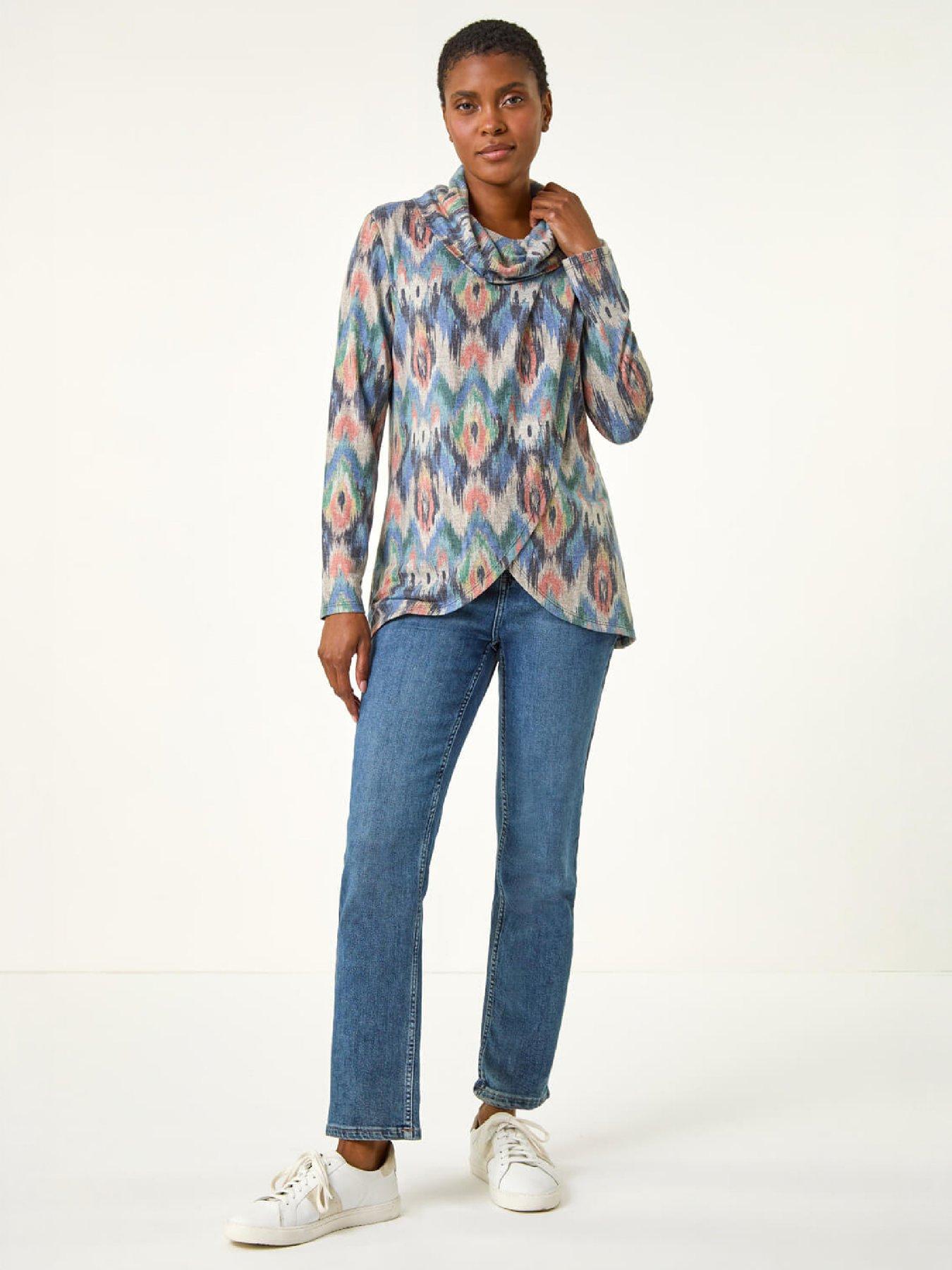 Image 4 of 4 of Roman Womens Cowl Neck Crossover Front Printed Top - Blue