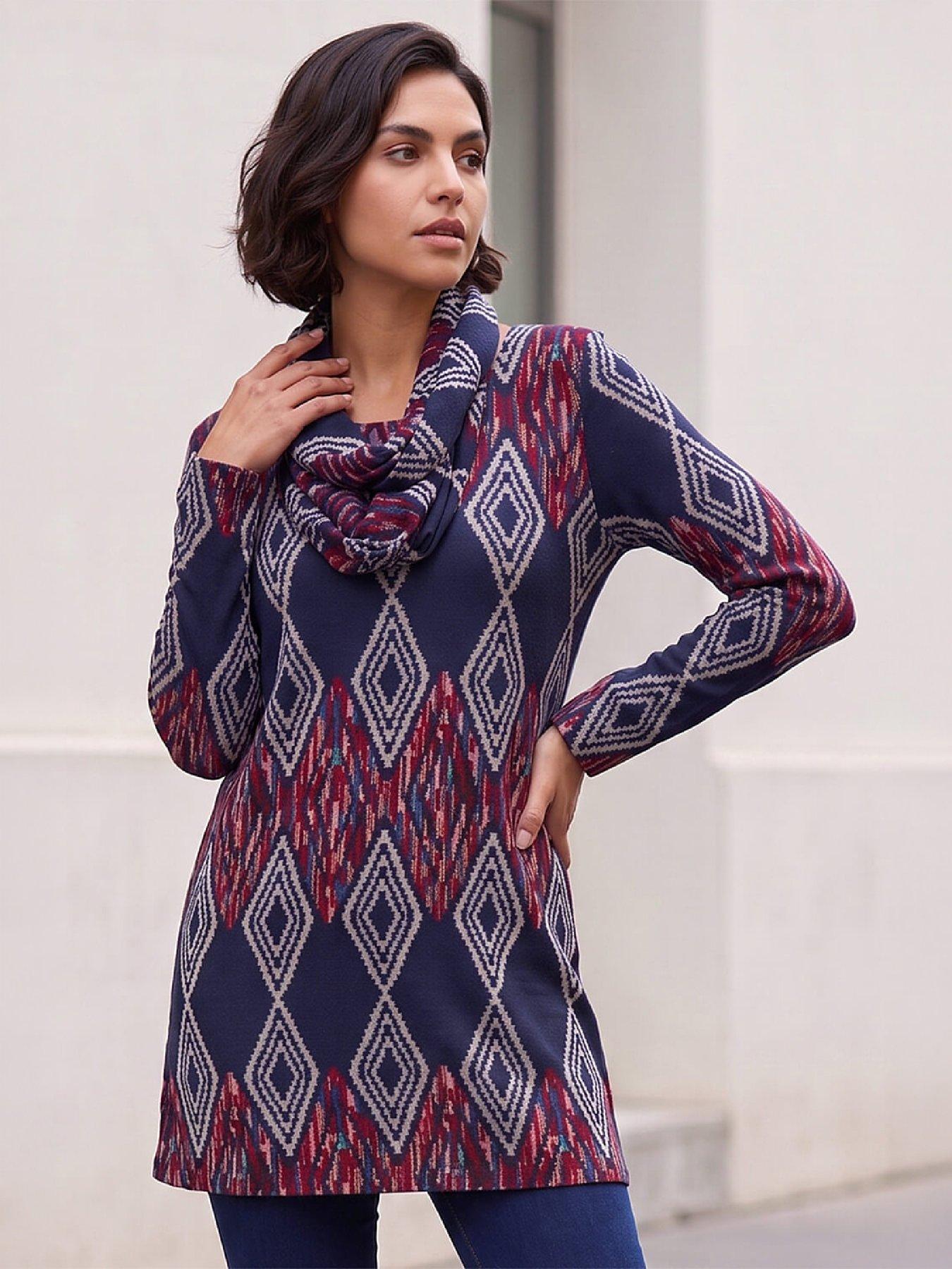 Image 1 of 4 of Roman Womens Longline Detachable Scarf Printed Tunic - Blue