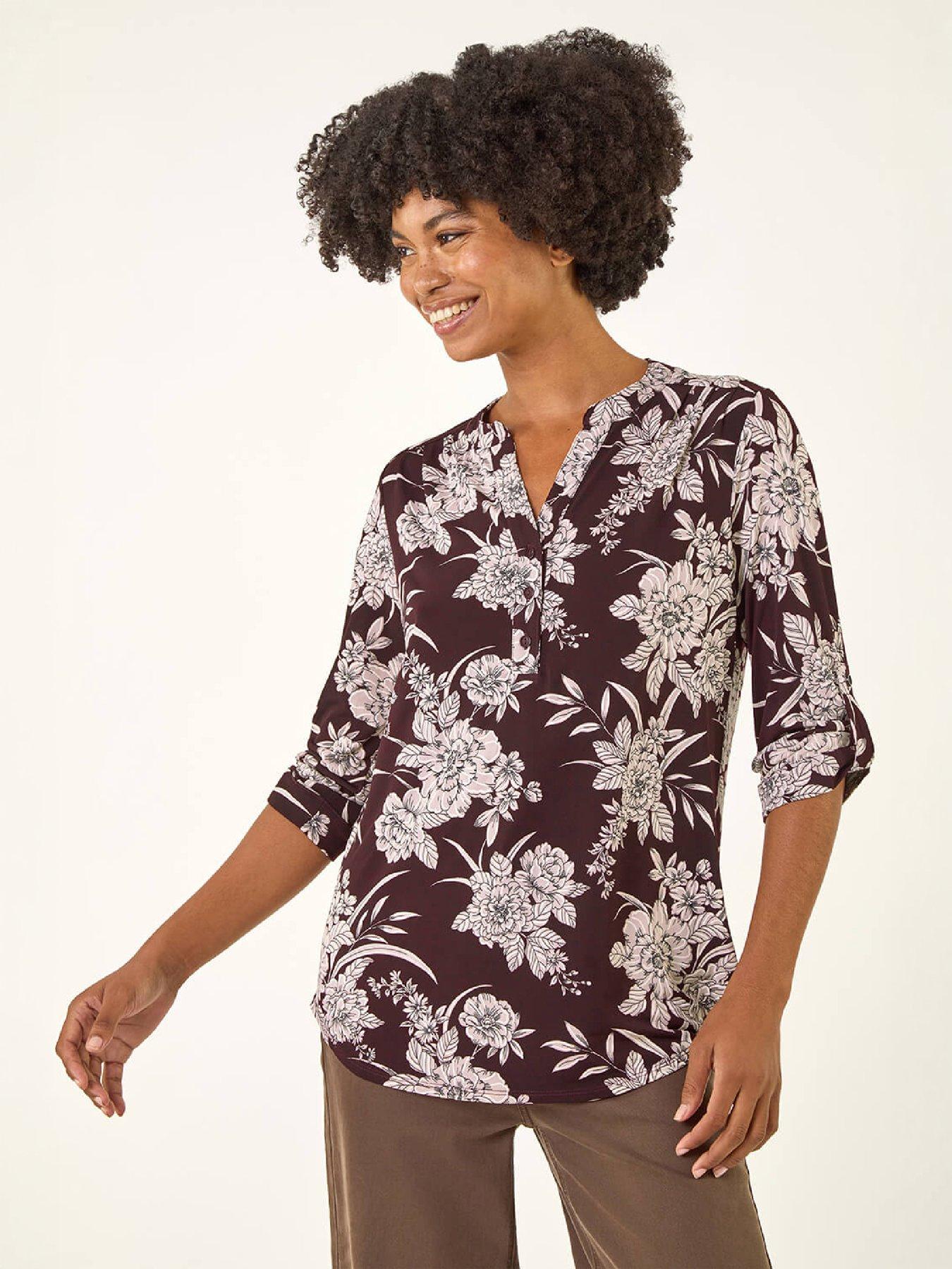 Image 1 of 4 of Roman Womens Floral Puff Print Notch Neck Stretch Shirt - Burgundy