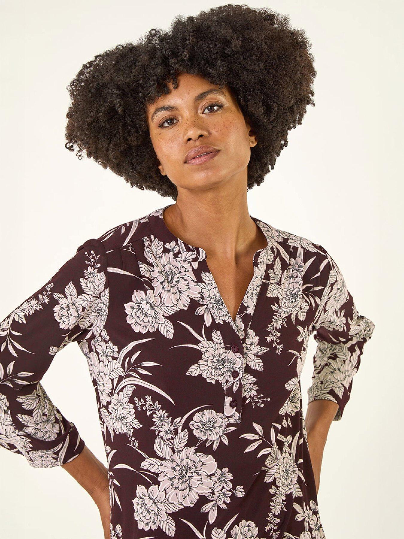 Image 2 of 4 of Roman Womens Floral Puff Print Notch Neck Stretch Shirt - Burgundy