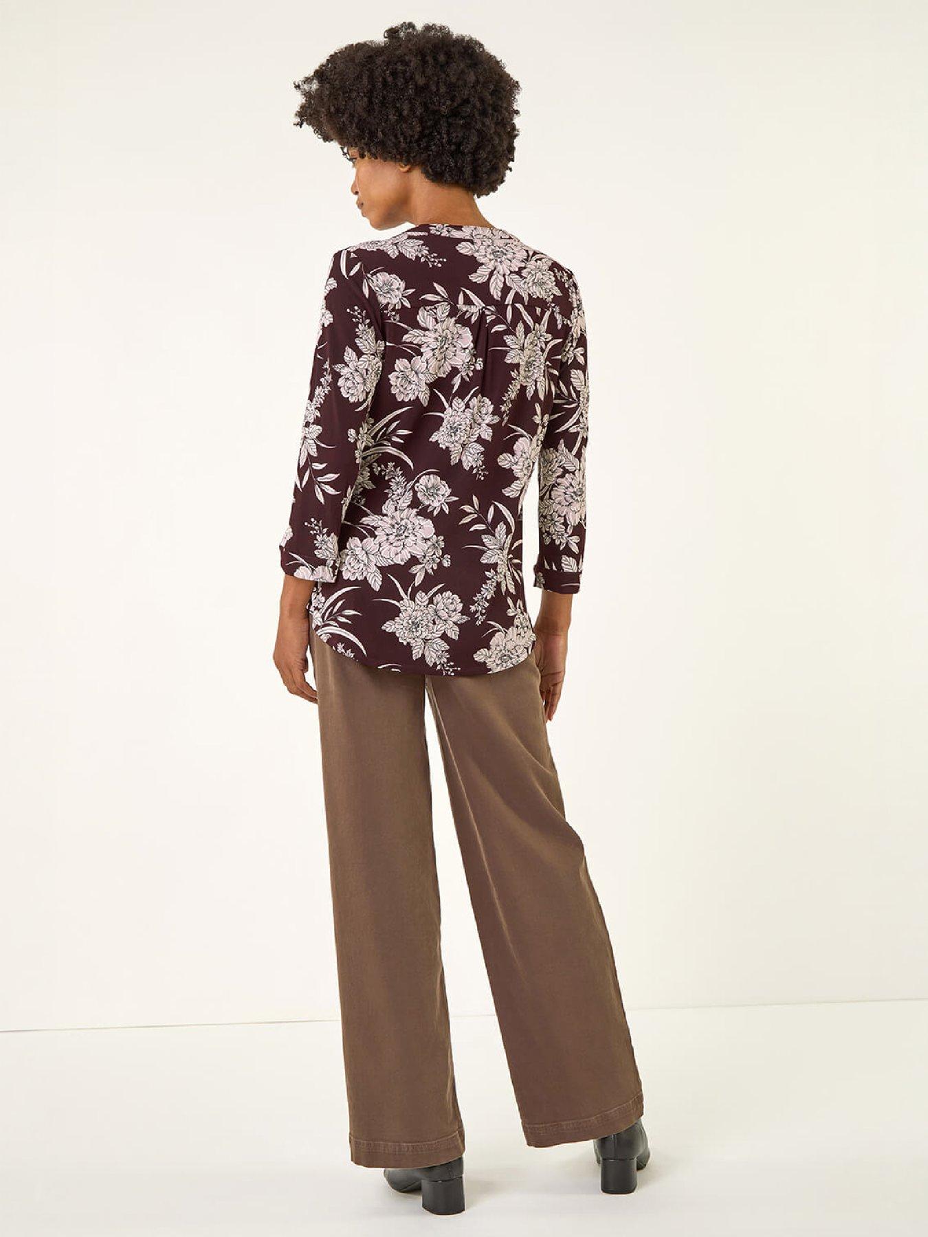 Image 3 of 4 of Roman Womens Floral Puff Print Notch Neck Stretch Shirt - Burgundy