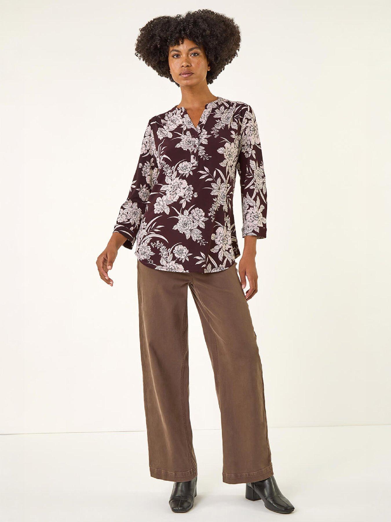 Image 4 of 4 of Roman Womens Floral Puff Print Notch Neck Stretch Shirt - Burgundy