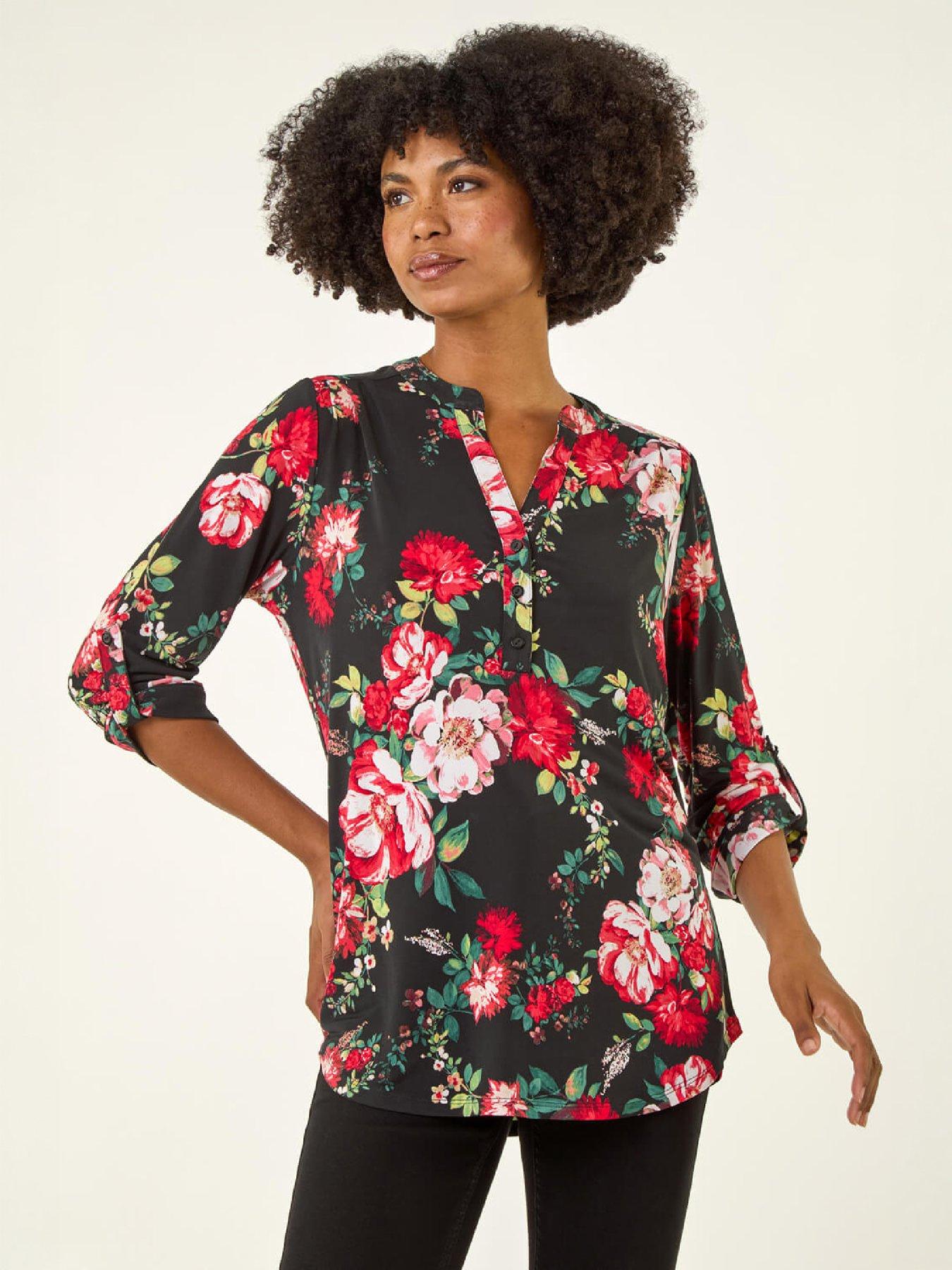 Image 1 of 4 of Roman Womens Floral Print Notch Neck Stretch Shirt - Red
