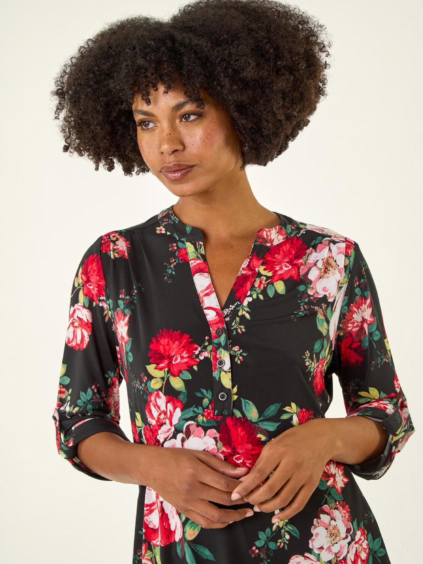 Image 2 of 4 of Roman Womens Floral Print Notch Neck Stretch Shirt - Red