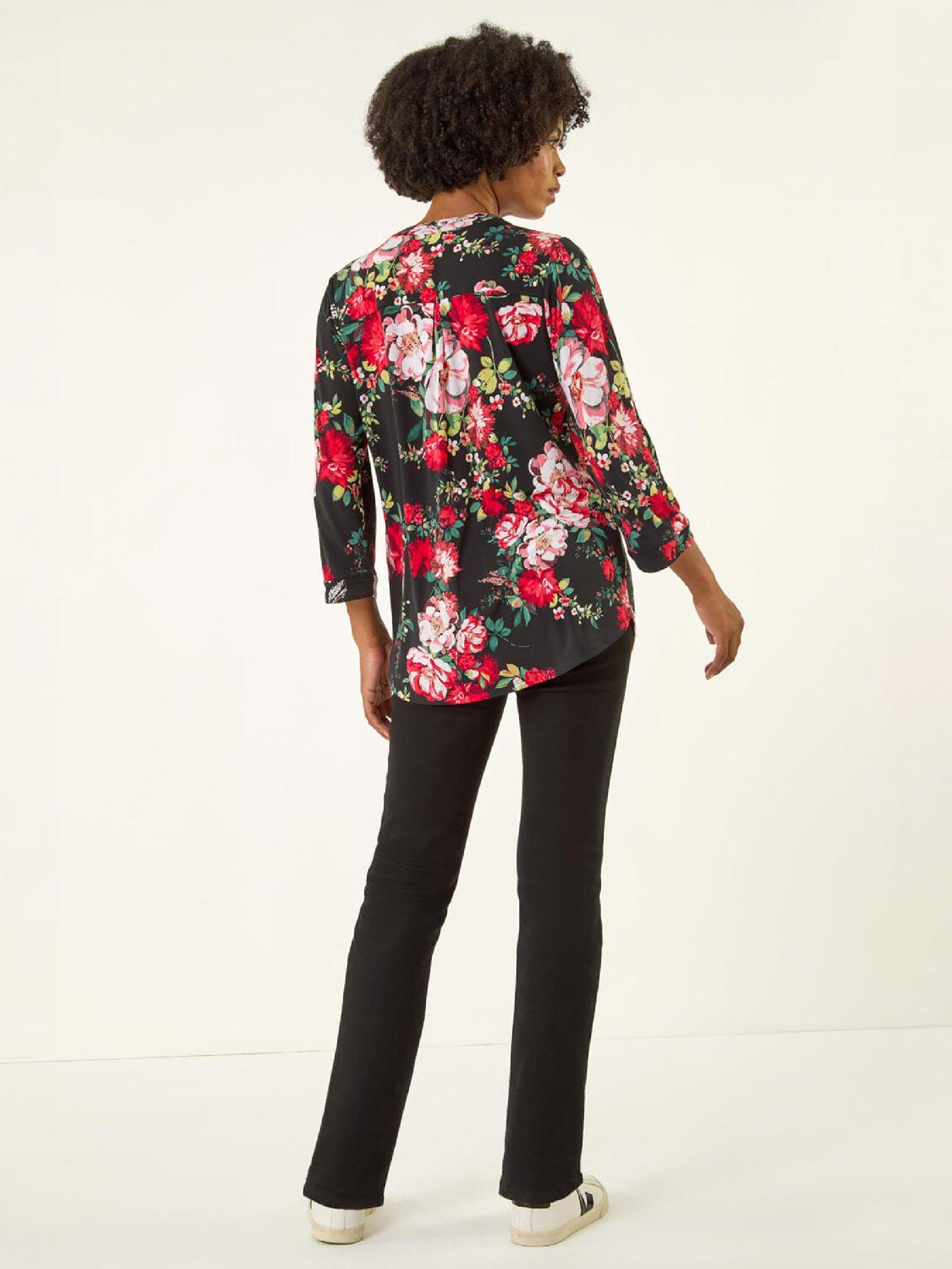 Image 3 of 4 of Roman Womens Floral Print Notch Neck Stretch Shirt - Red