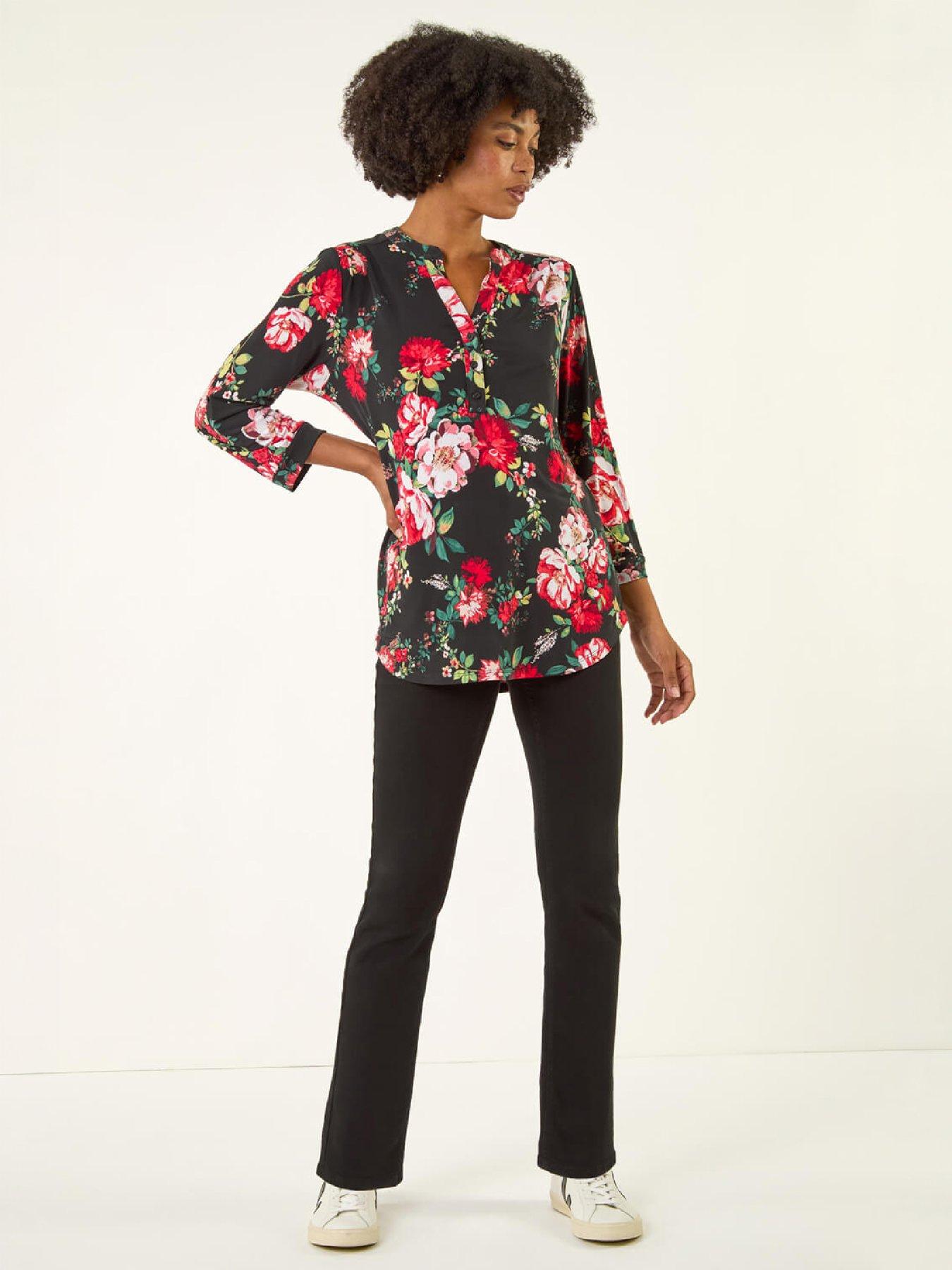 Image 4 of 4 of Roman Womens Floral Print Notch Neck Stretch Shirt - Red