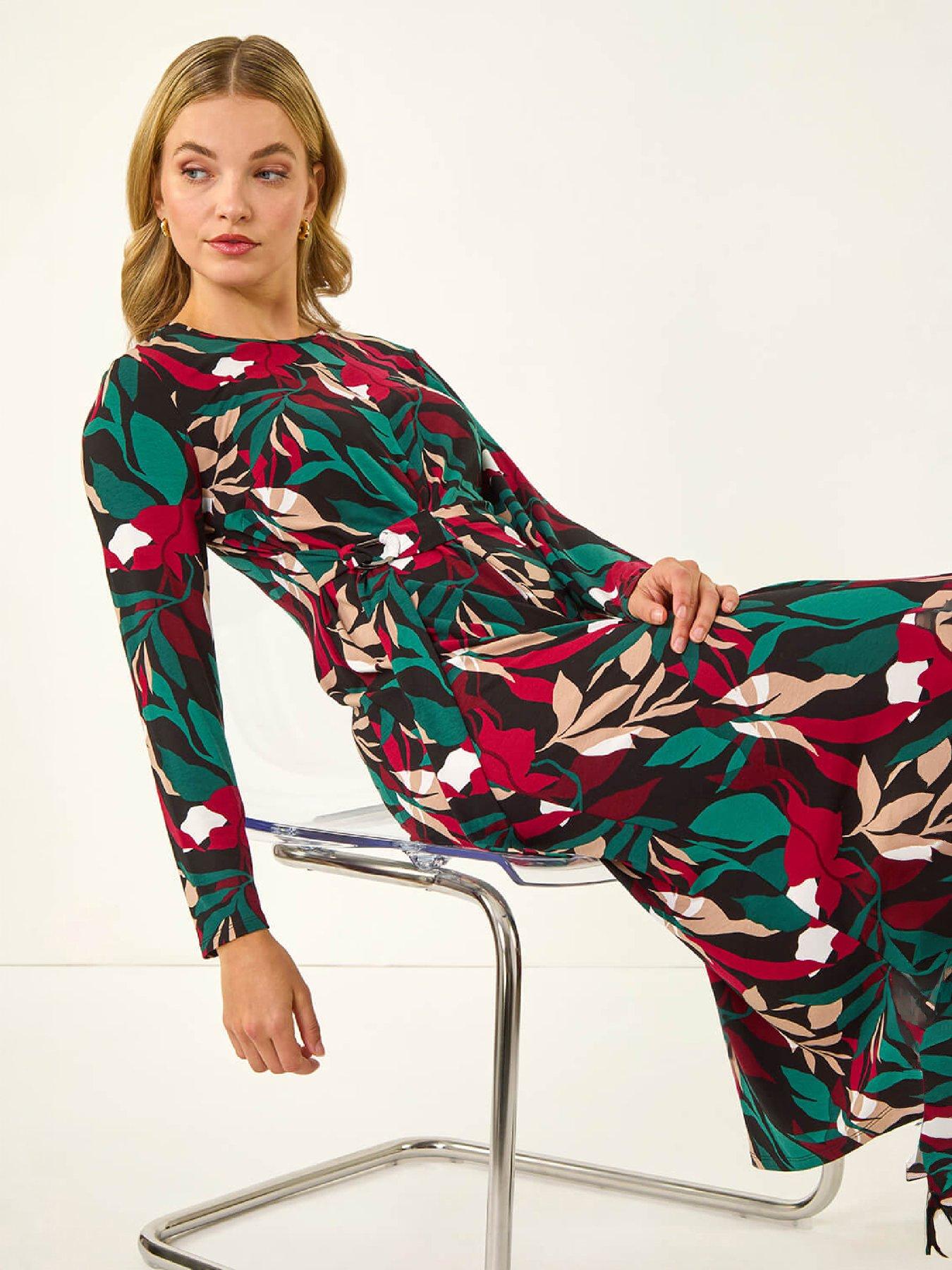 Image 1 of 4 of Roman Womens Floral Print Ring Buckle Stretch Midi Dress - Red