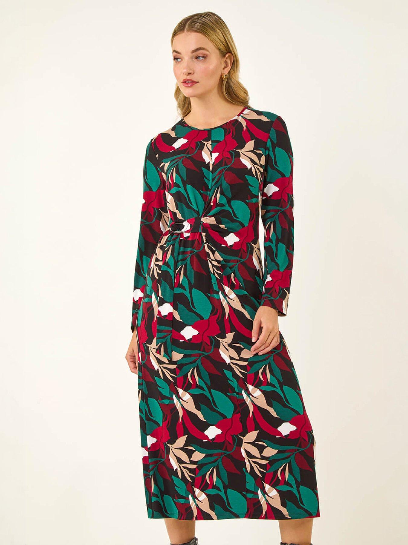 Image 2 of 4 of Roman Womens Floral Print Ring Buckle Stretch Midi Dress - Red