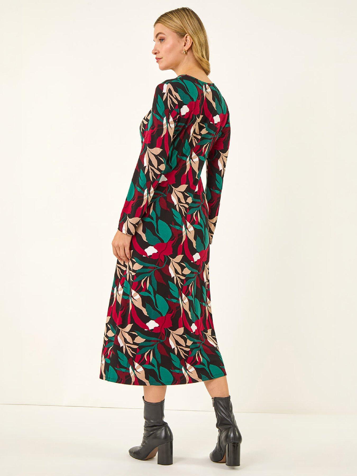 Image 3 of 4 of Roman Womens Floral Print Ring Buckle Stretch Midi Dress - Red