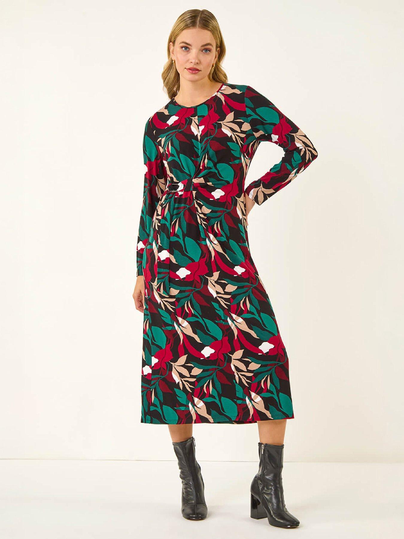 Image 4 of 4 of Roman Womens Floral Print Ring Buckle Stretch Midi Dress - Red