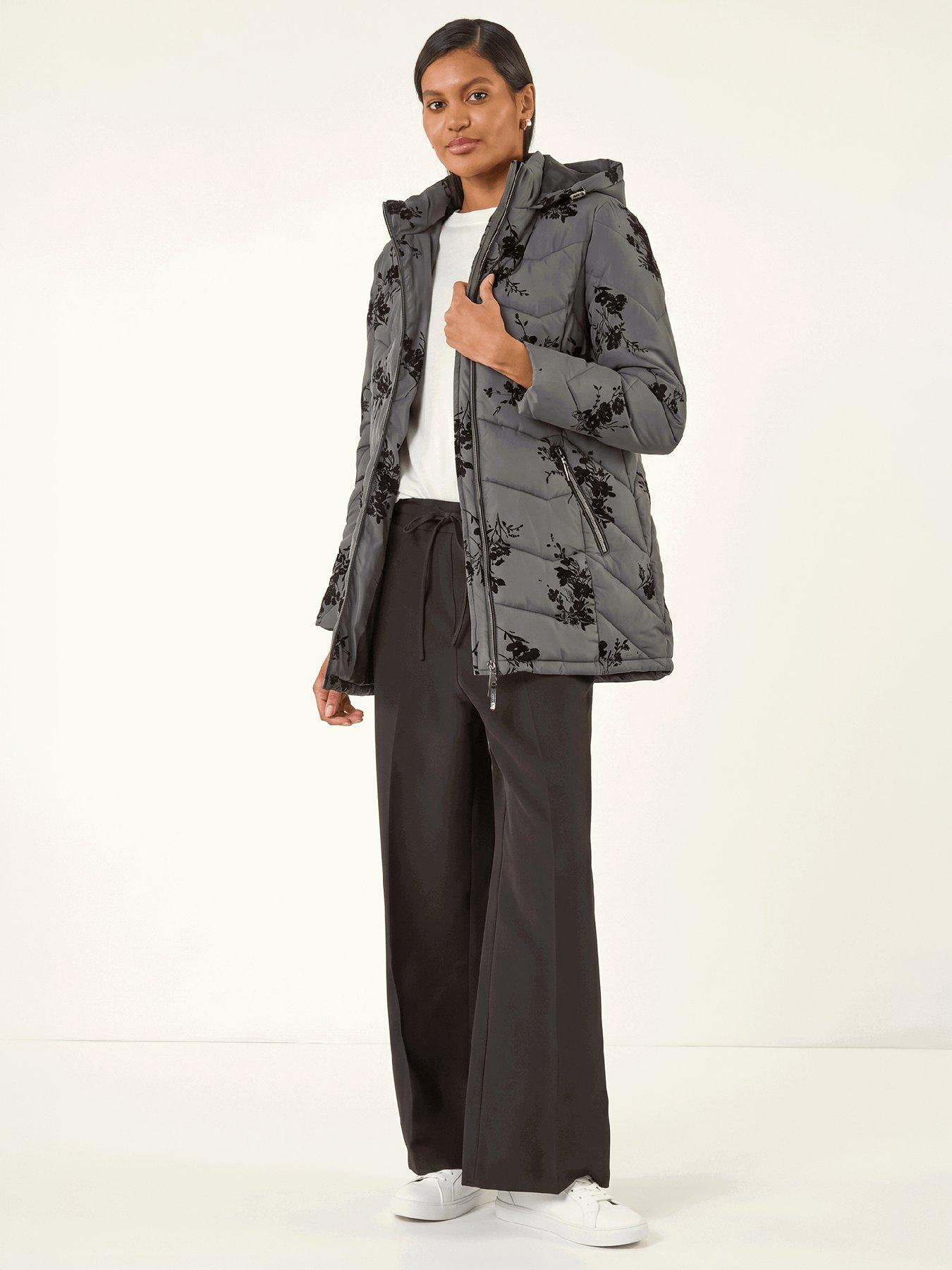 Image 1 of 4 of Roman Womens Floral Flock Hooded Zip Padded Coat - Grey