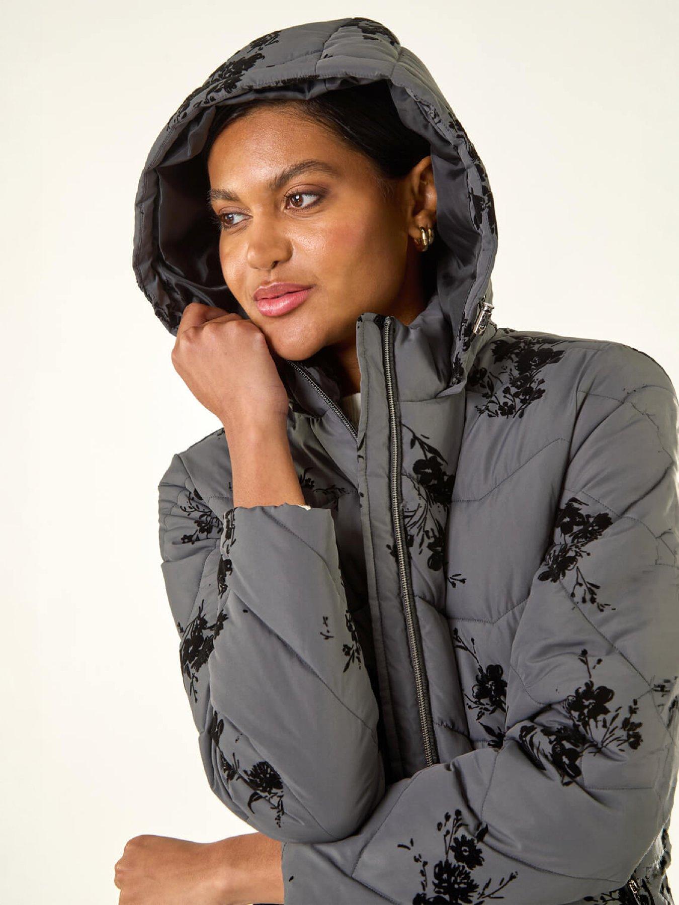 Image 2 of 4 of Roman Womens Floral Flock Hooded Zip Padded Coat - Grey