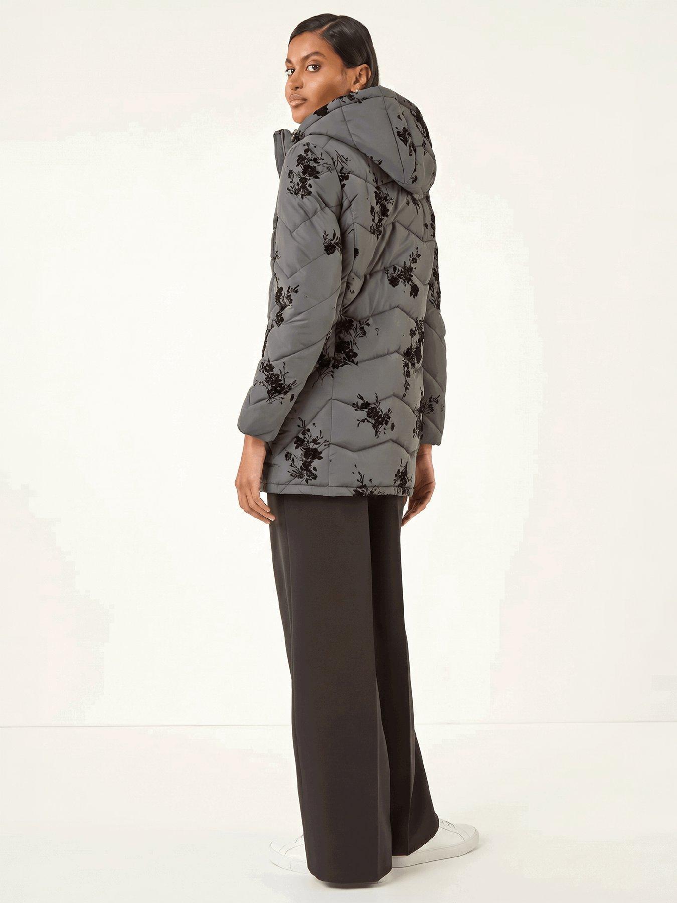 Image 4 of 4 of Roman Womens Floral Flock Hooded Zip Padded Coat - Grey