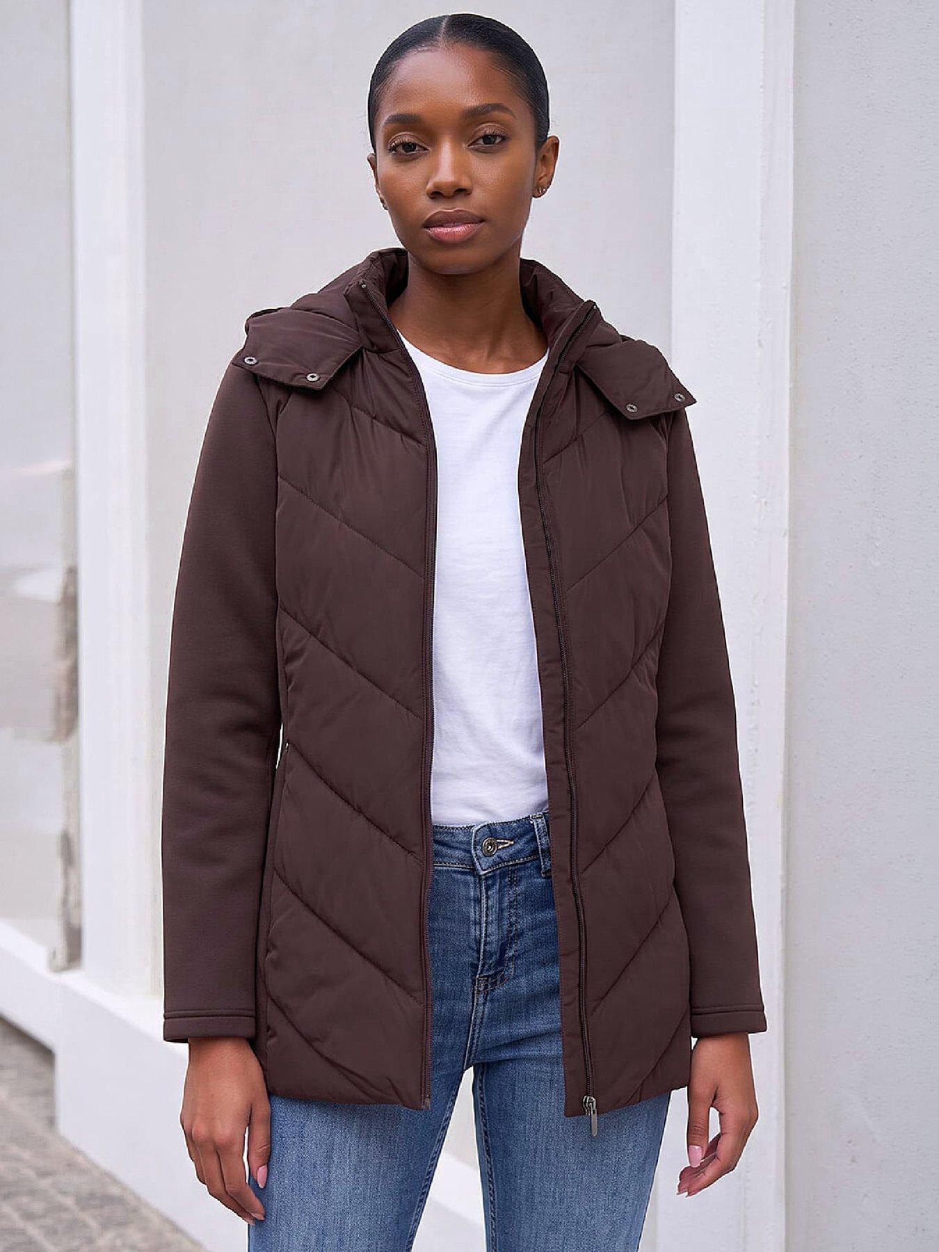 Image 1 of 4 of Roman Womens Petite Chevron Quilted Hooded Padded Coat - Brown