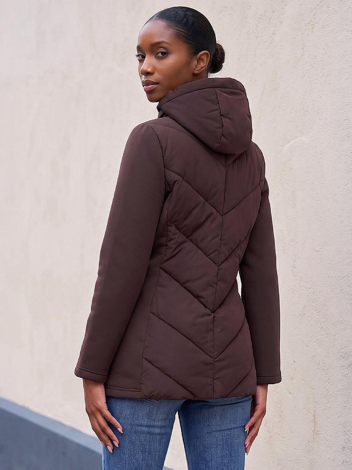 Image 2 of 4 of Roman Womens Petite Chevron Quilted Hooded Padded Coat - Brown